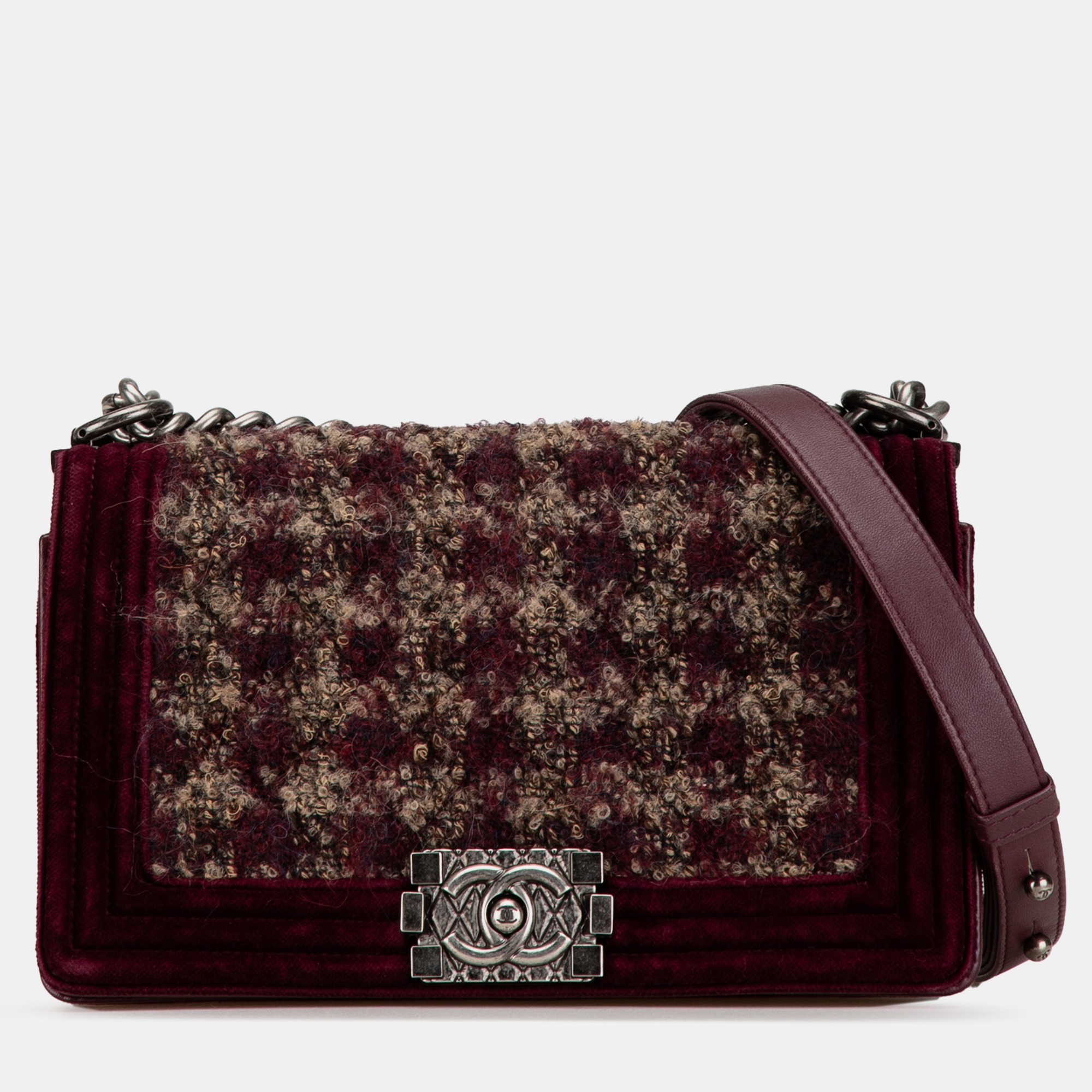 Pre-owned Chanel Medium Velvet And Tweed Boy Flap In Burgundy