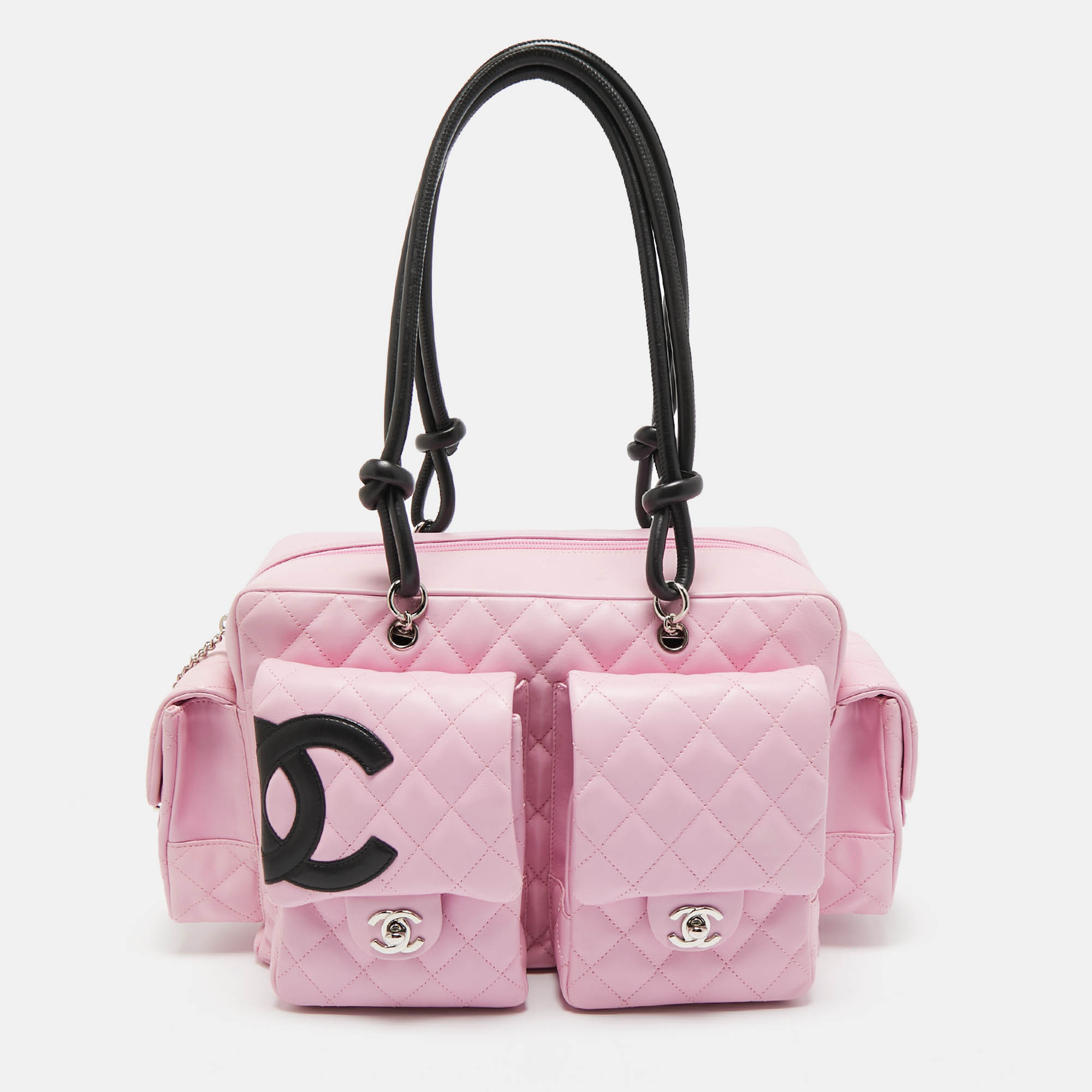 

Chanel Pink/Black Quilted Leather Ligne Cambon Reporter Bag