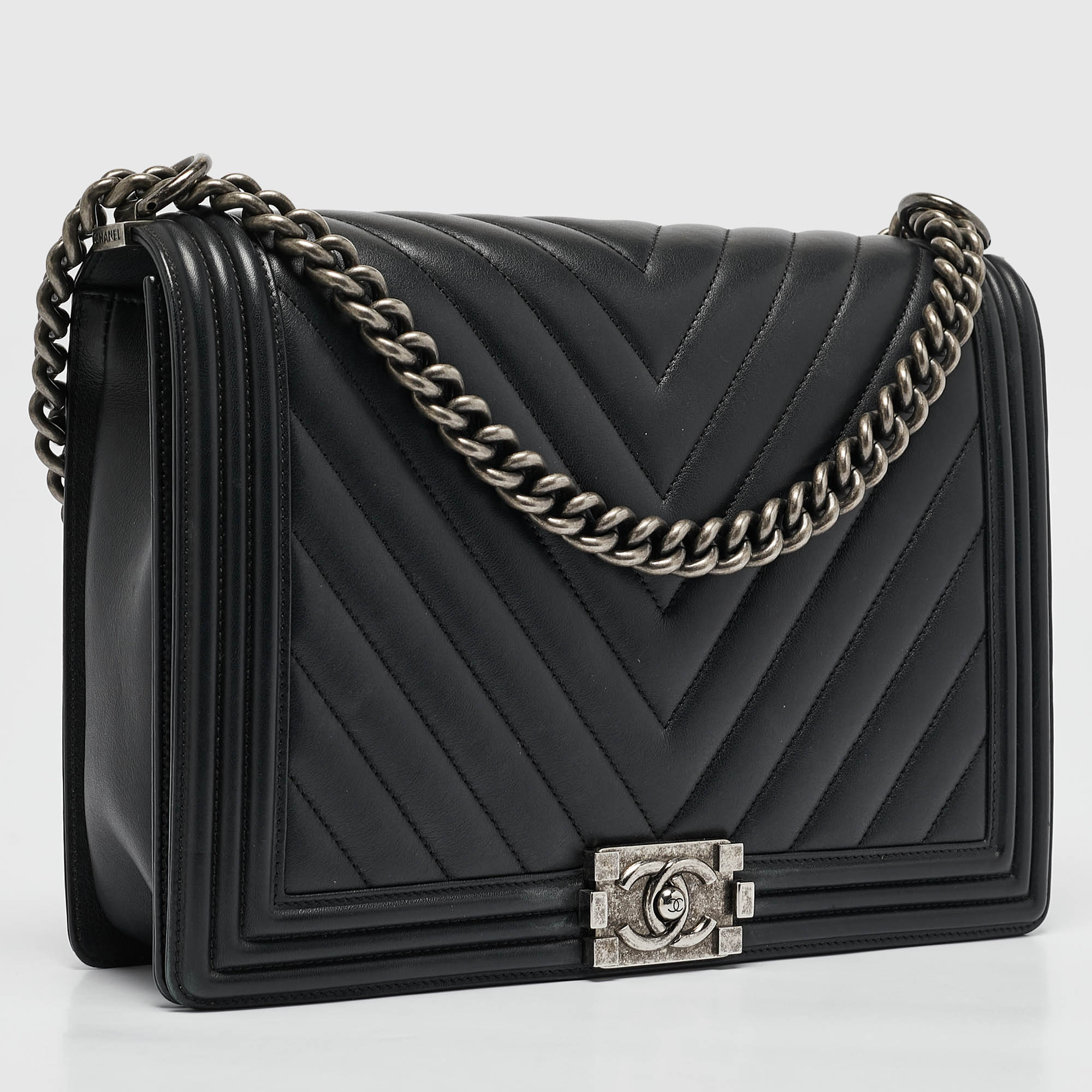 Chanel Black Chevron Leather Large Boy Flap Bag 