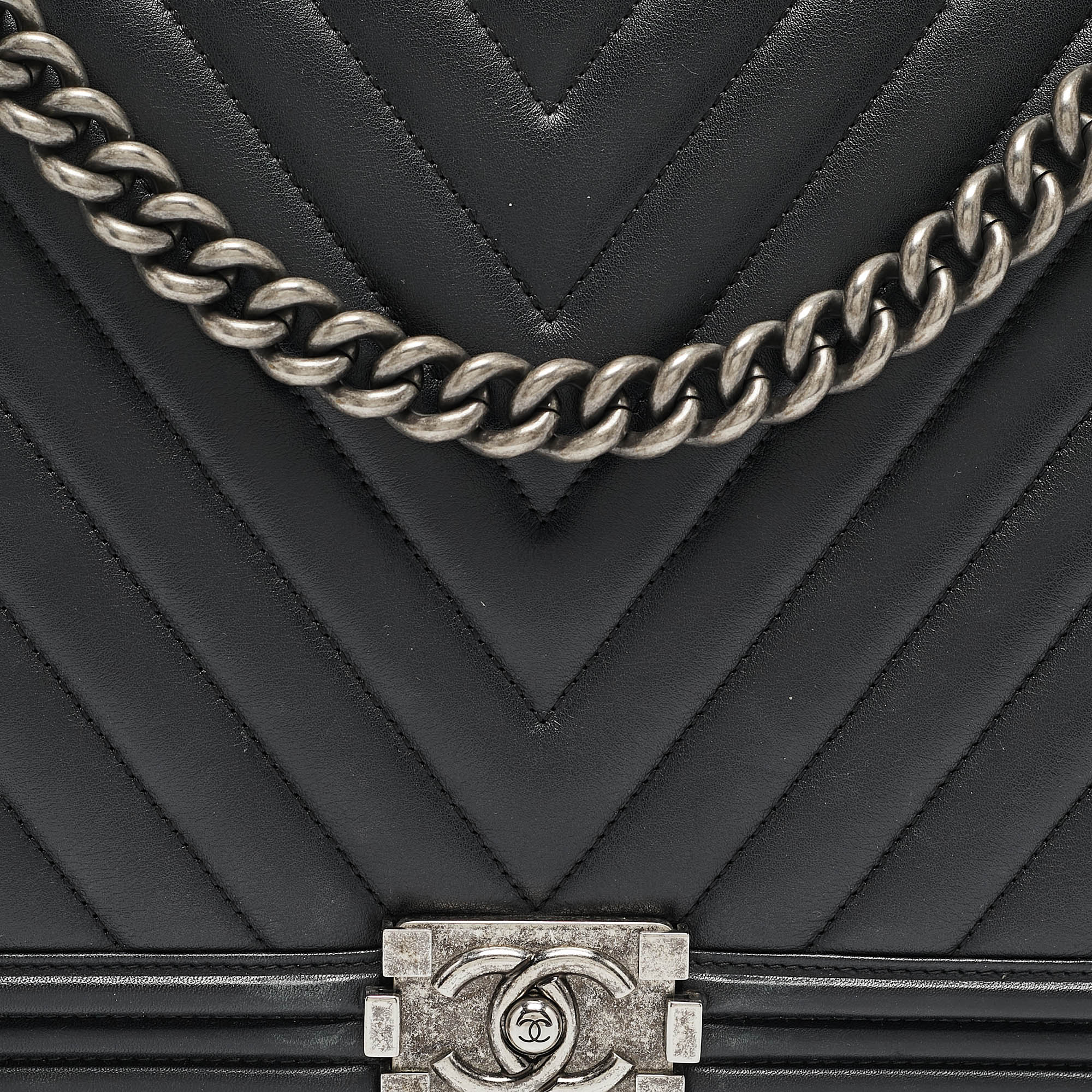 Chanel Black Chevron Leather Large Boy Flap Bag 