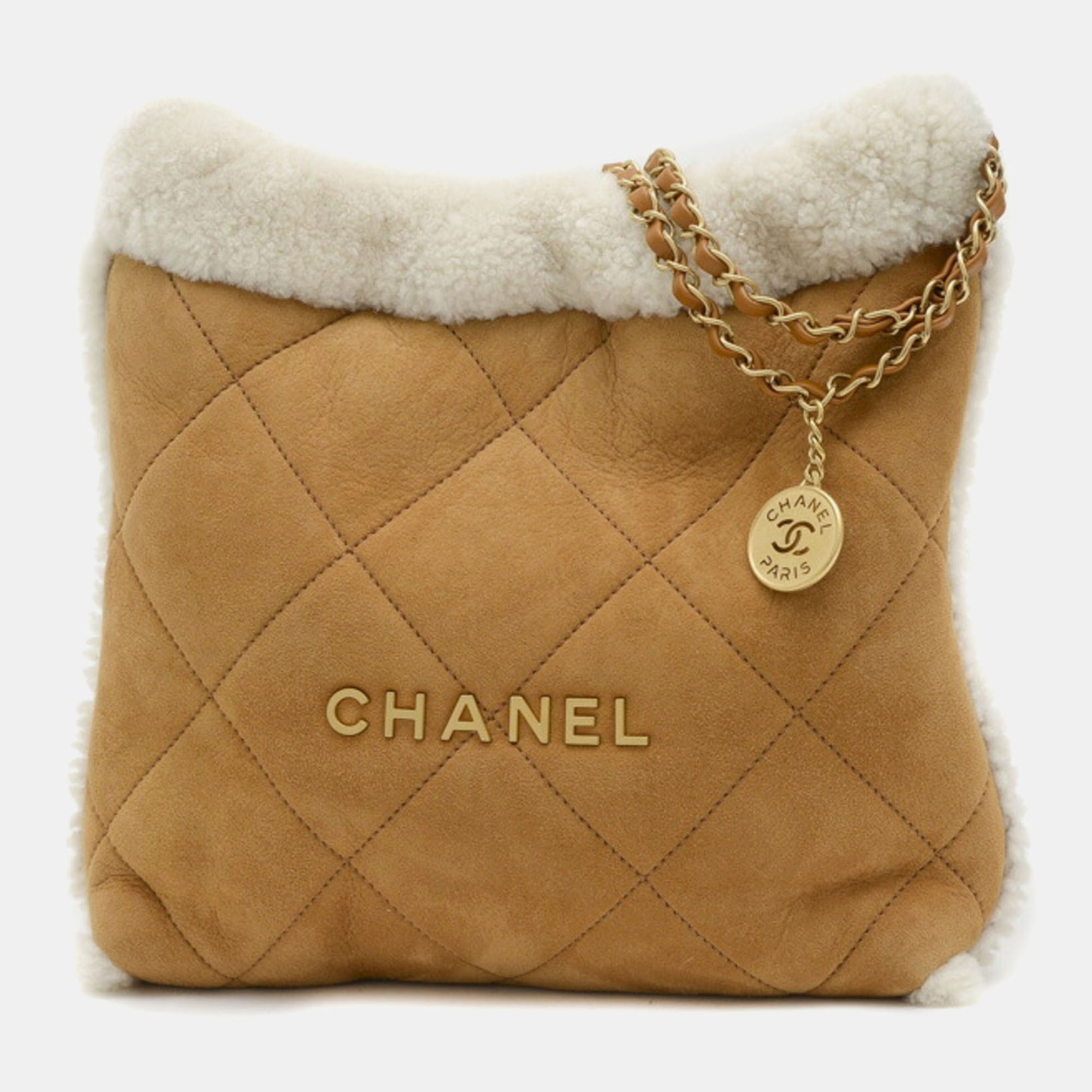 

Chanel Brown Suede Mouton Matelasse 22 Chain Shoulder Bag, Beige