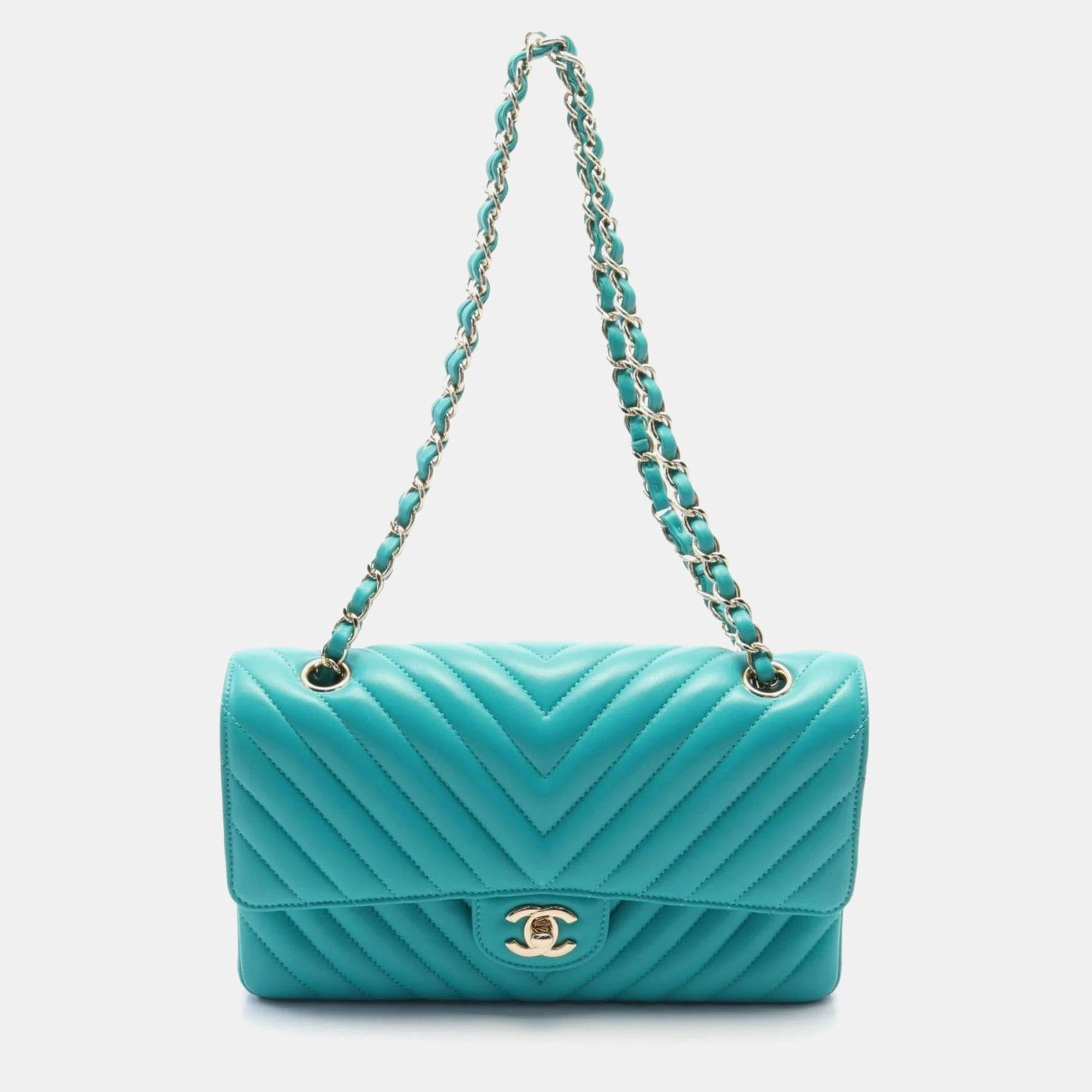 

Chanel Chevron V-Stitch W-Flap Shoulder Bag Leather Green