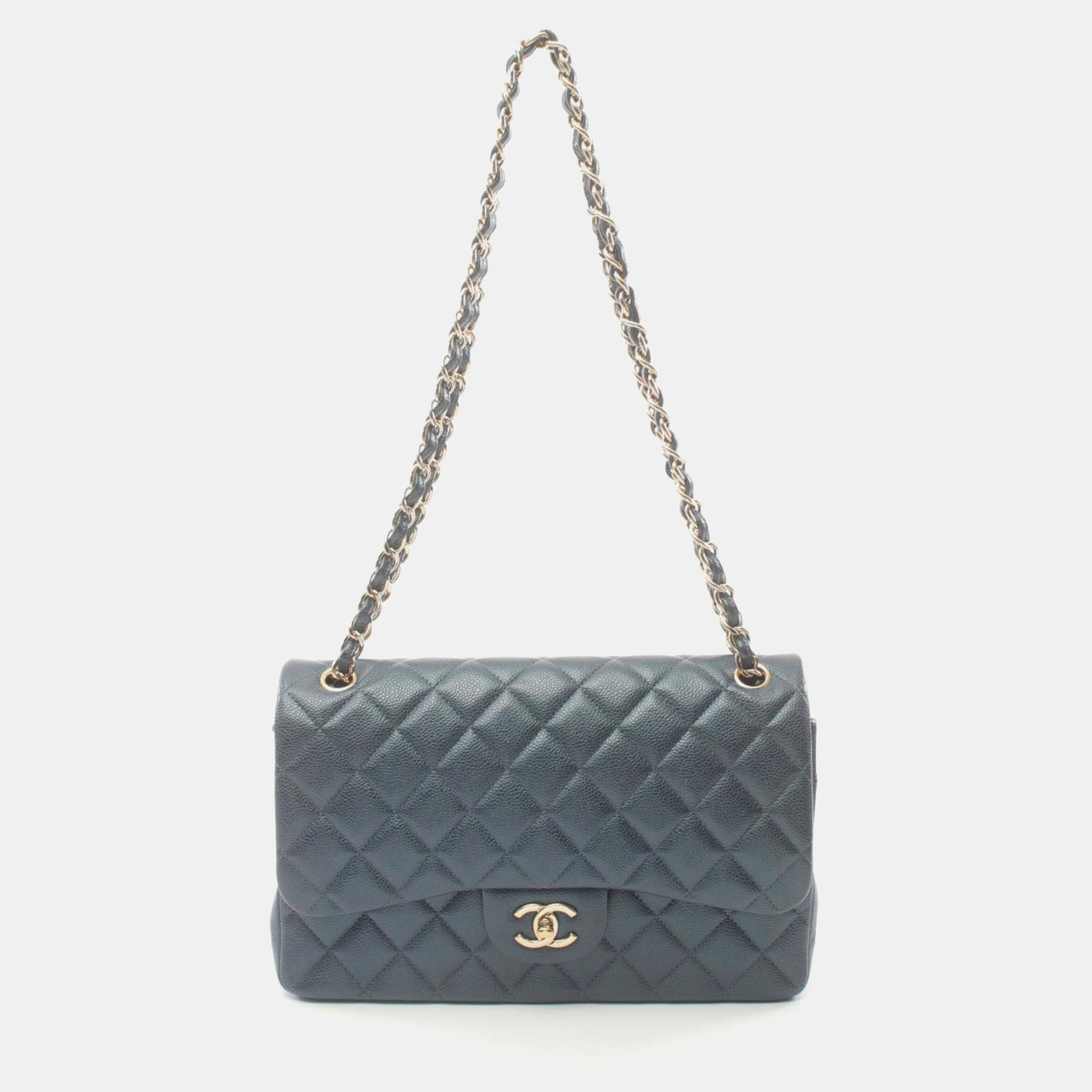 

Chanel Deca Matelasse 30 Classic Large W-Flap Shoulder Bag Leather Grained Calfskin Green