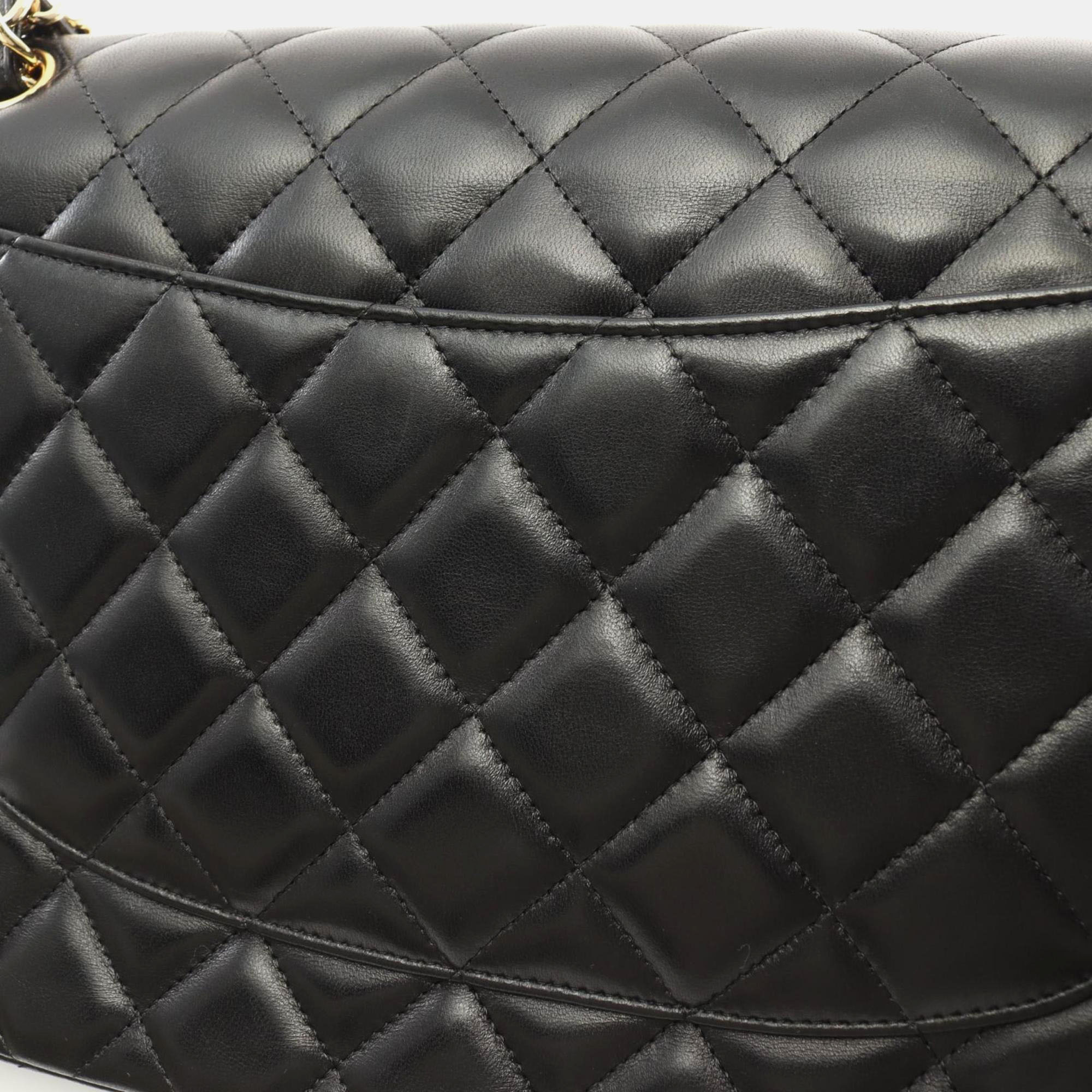 Chanel Black Lambskin Leather Classic Double Flap Shoulder Bag 
