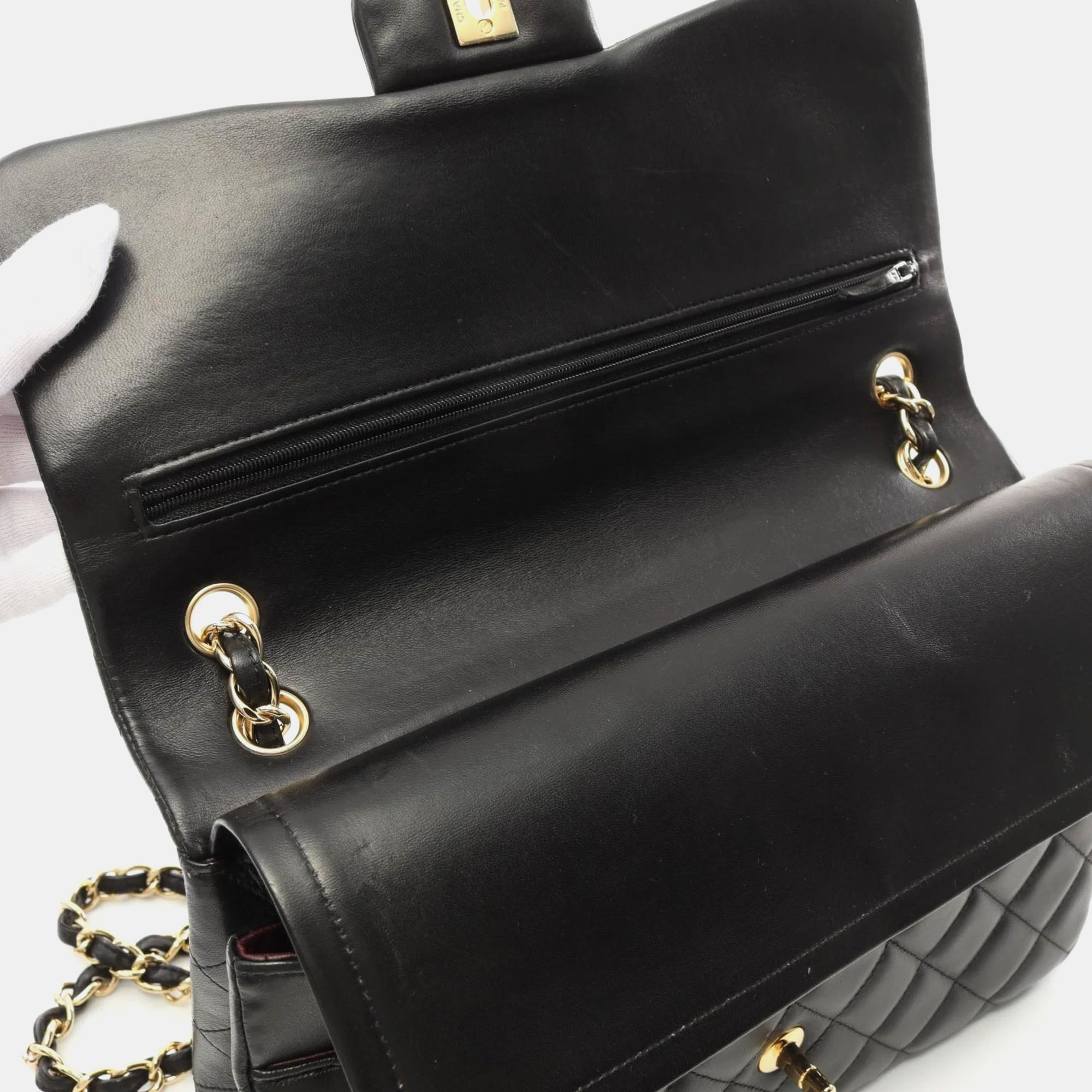 Chanel Black Lambskin Leather Classic Double Flap Shoulder Bag 