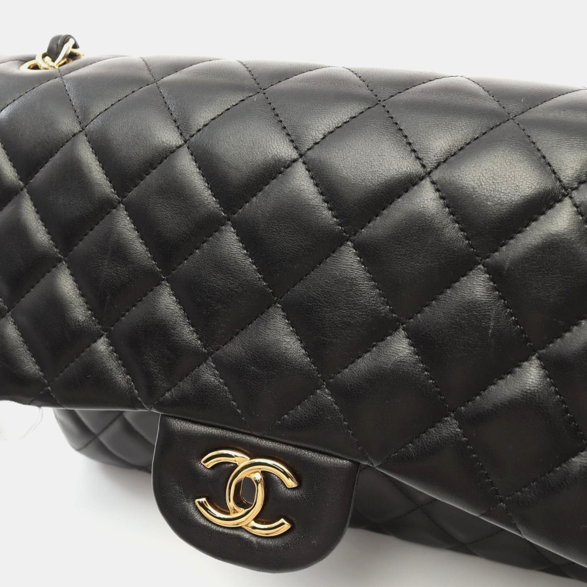 Chanel Black Lambskin Leather Classic Double Flap Shoulder Bag 