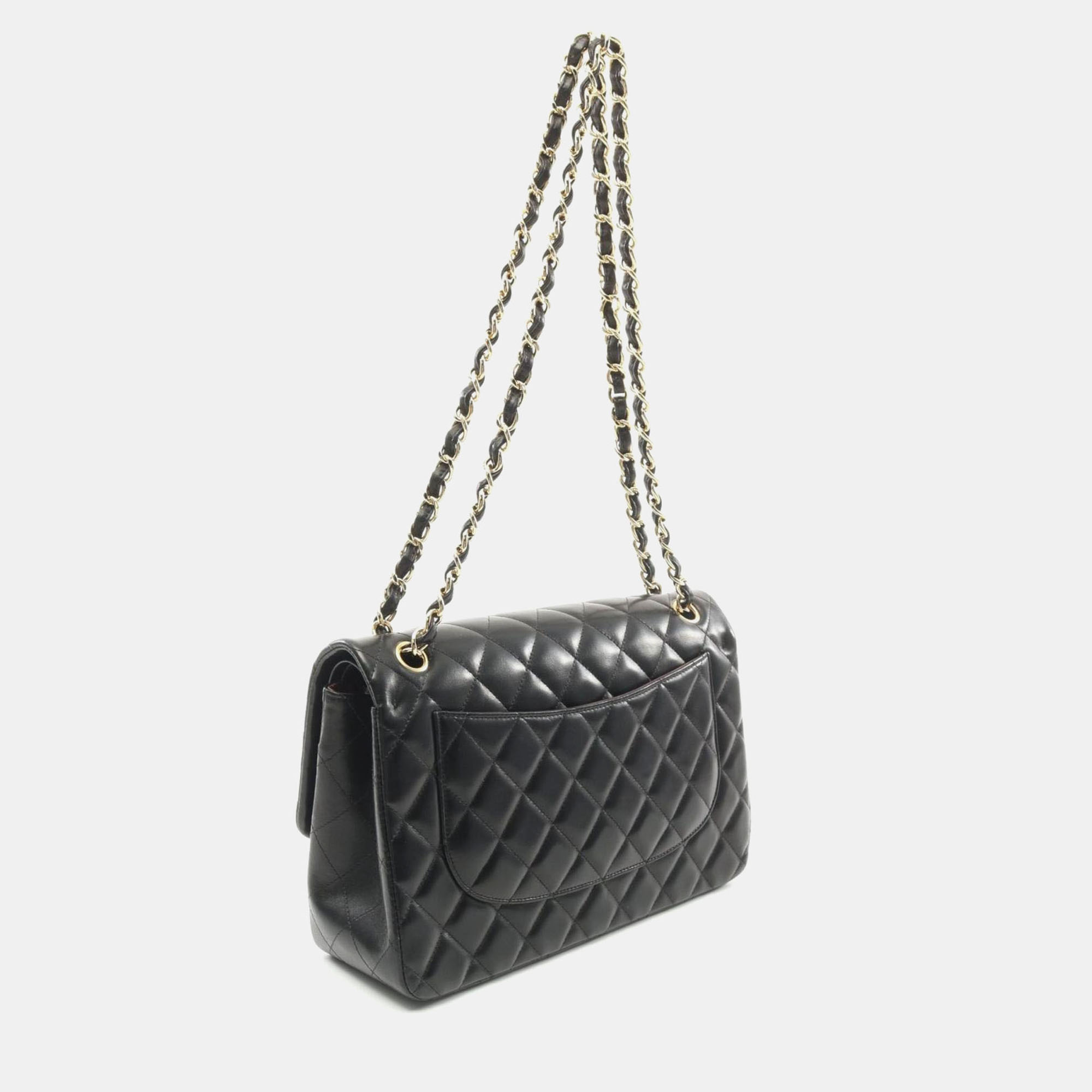 Chanel Black Lambskin Leather Classic Double Flap Shoulder Bag 