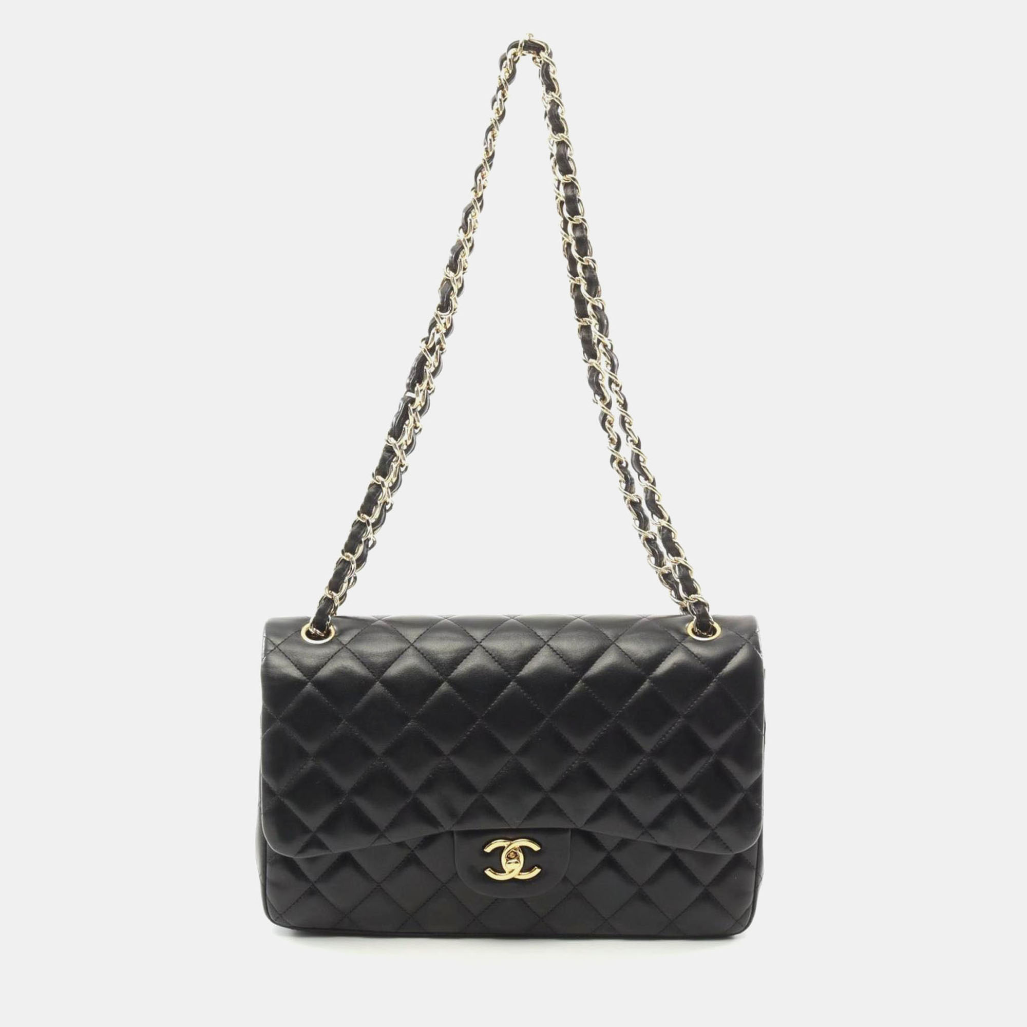 Chanel Black Lambskin Leather Classic Double Flap Shoulder Bag 