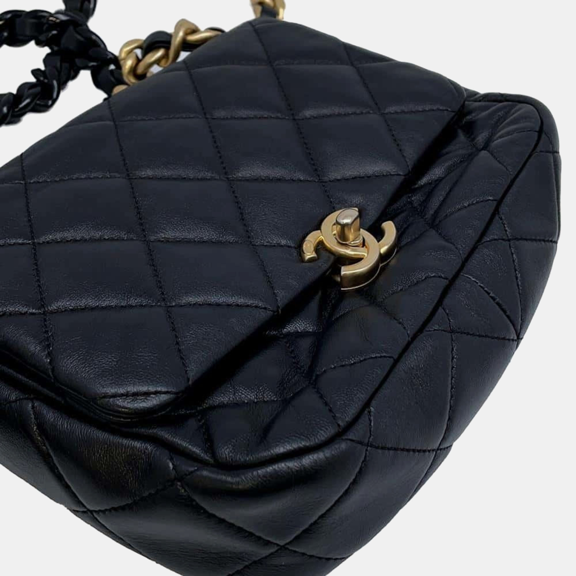 Chanel Black Lambskin Leather Chain Shoulder Bag 