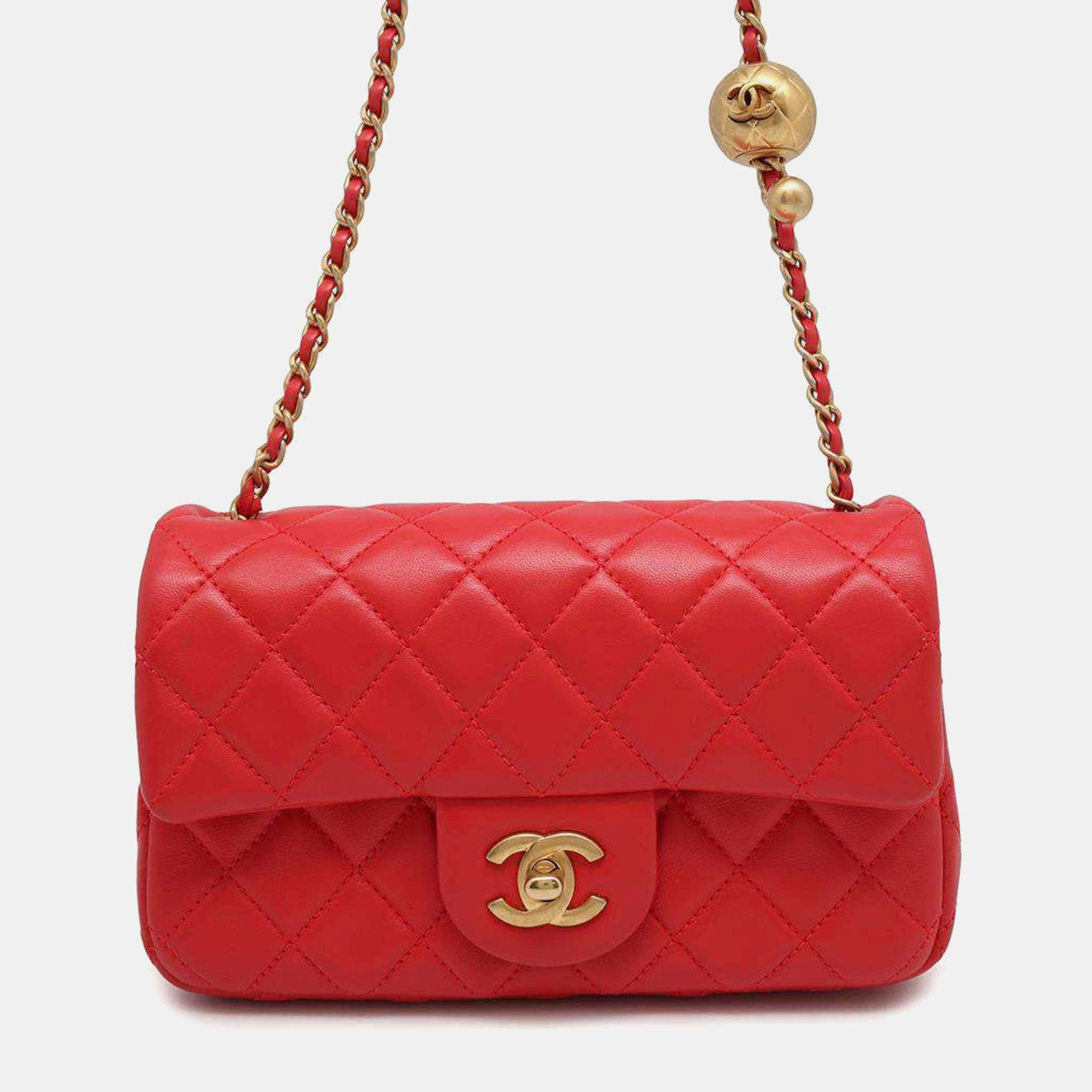 

Chanel Chain Shoulder Bag Coco Mark Matelasse 20 Ball Lambskin, Red