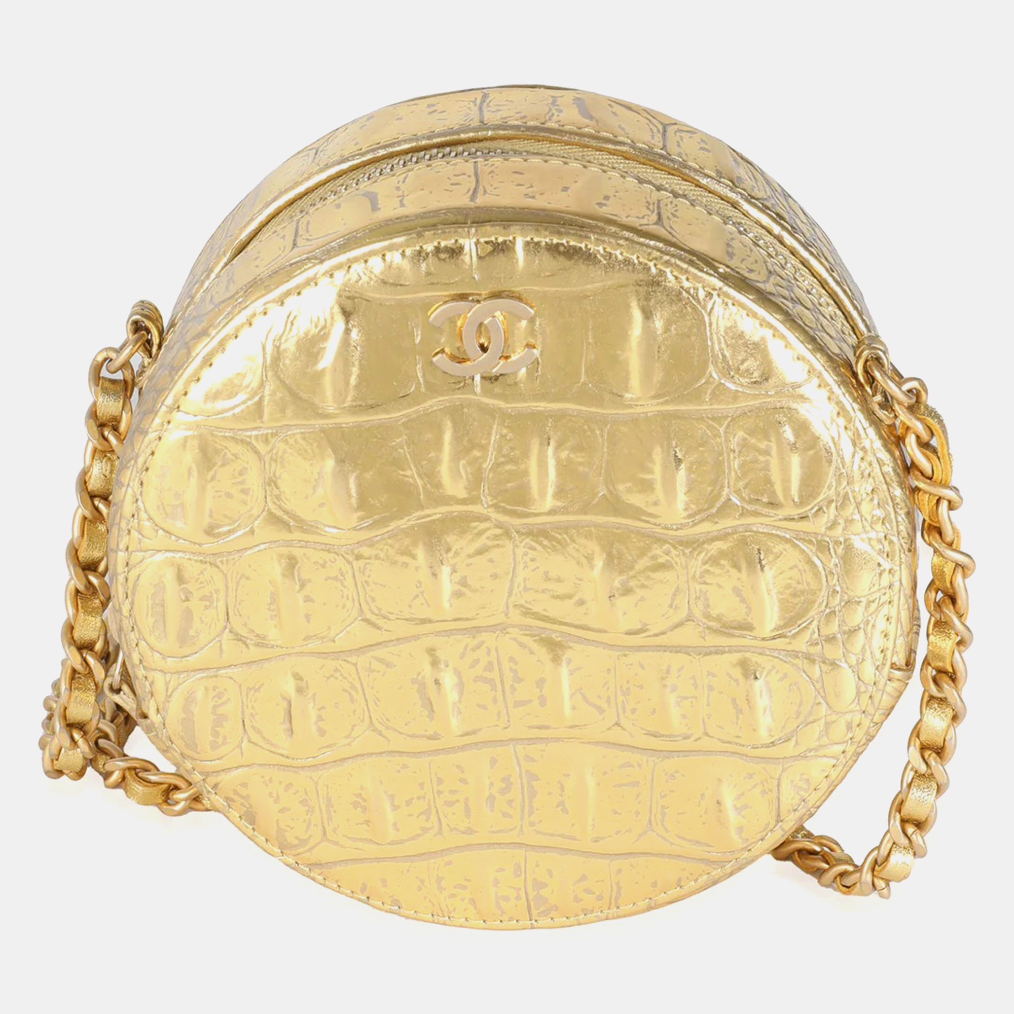 

Chanel Metallic Gold Croc Embossed Calfskin Round Clutch On Chain bag