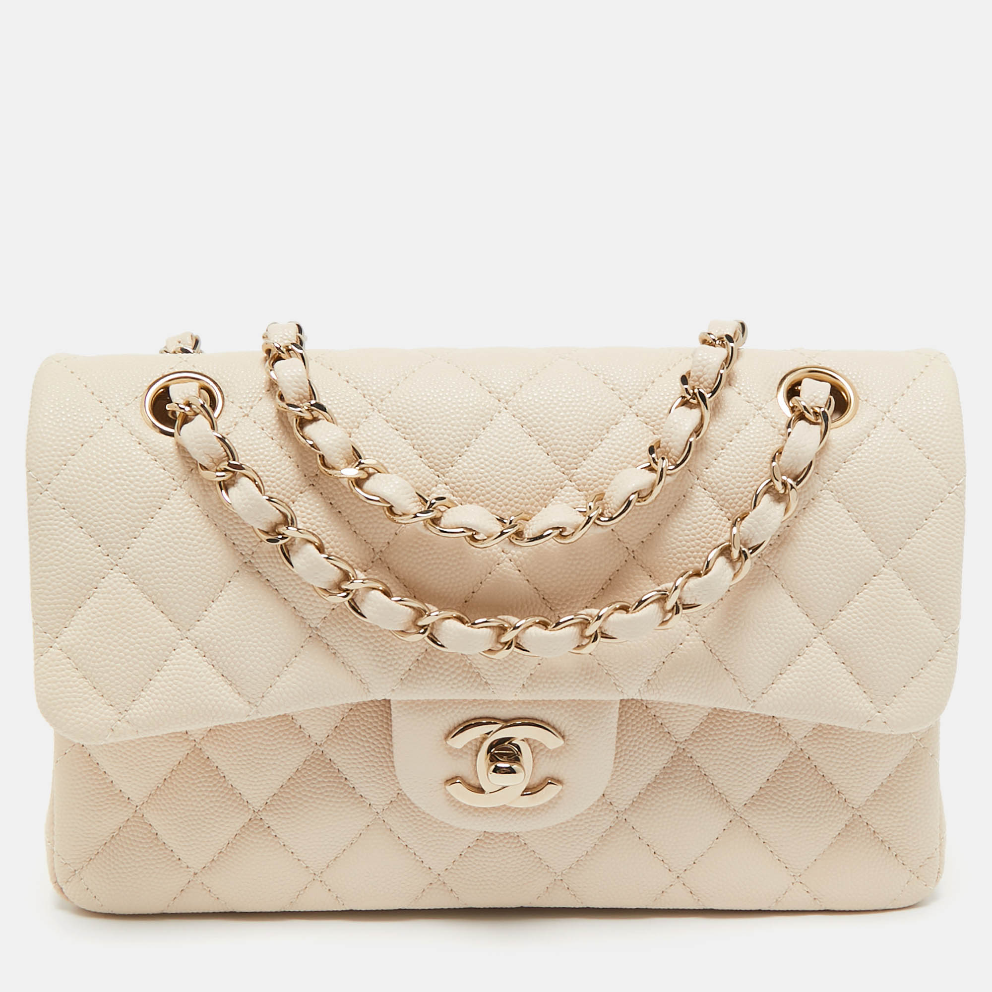 

Chanel Cream Quilted Caviar Leather Small Classic Double Flap Bag