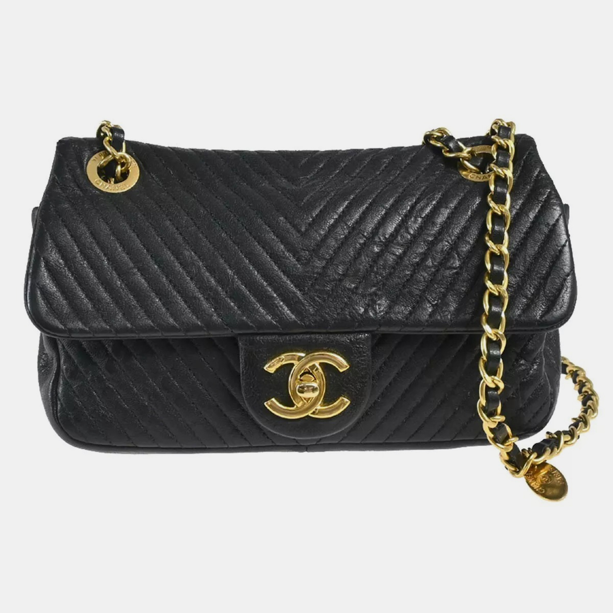 

Chanel Black Calfskin Chevron Single Flap Shoulder Bag