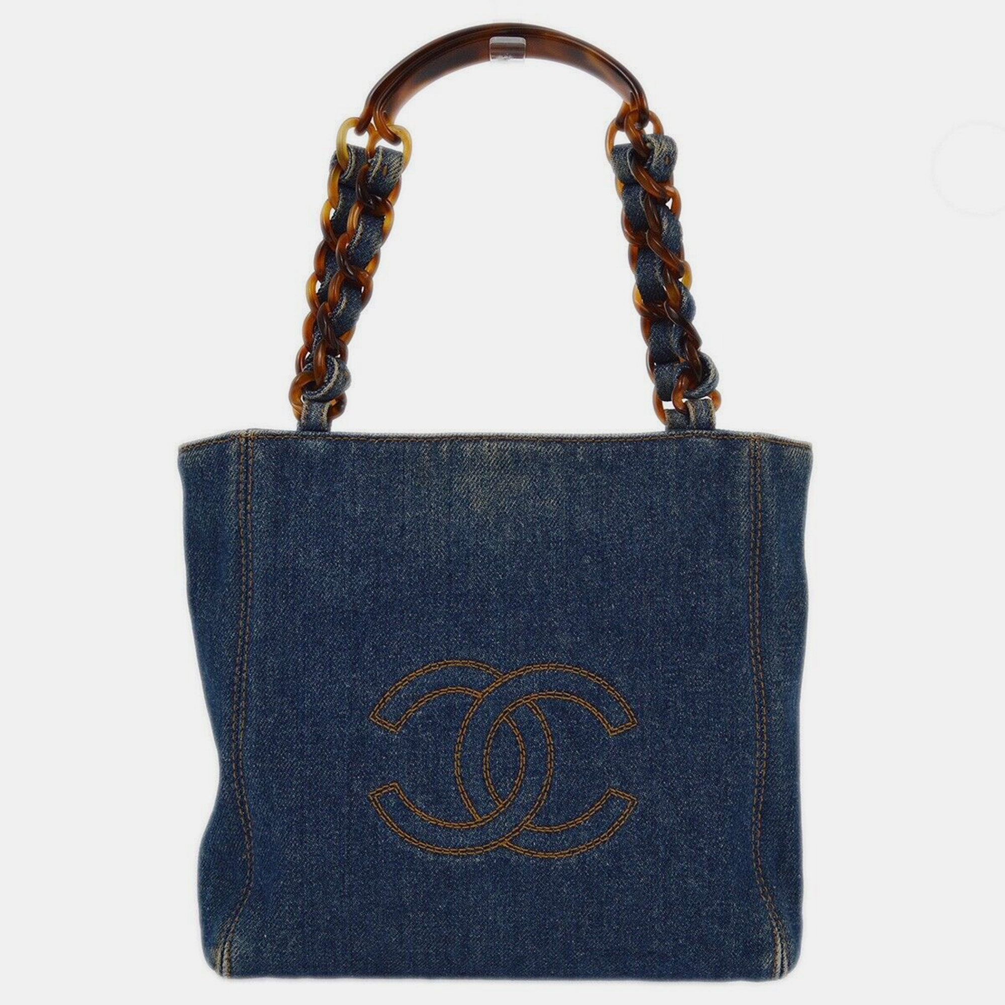 

Chanel Blue Denim Chain Tote Handbag