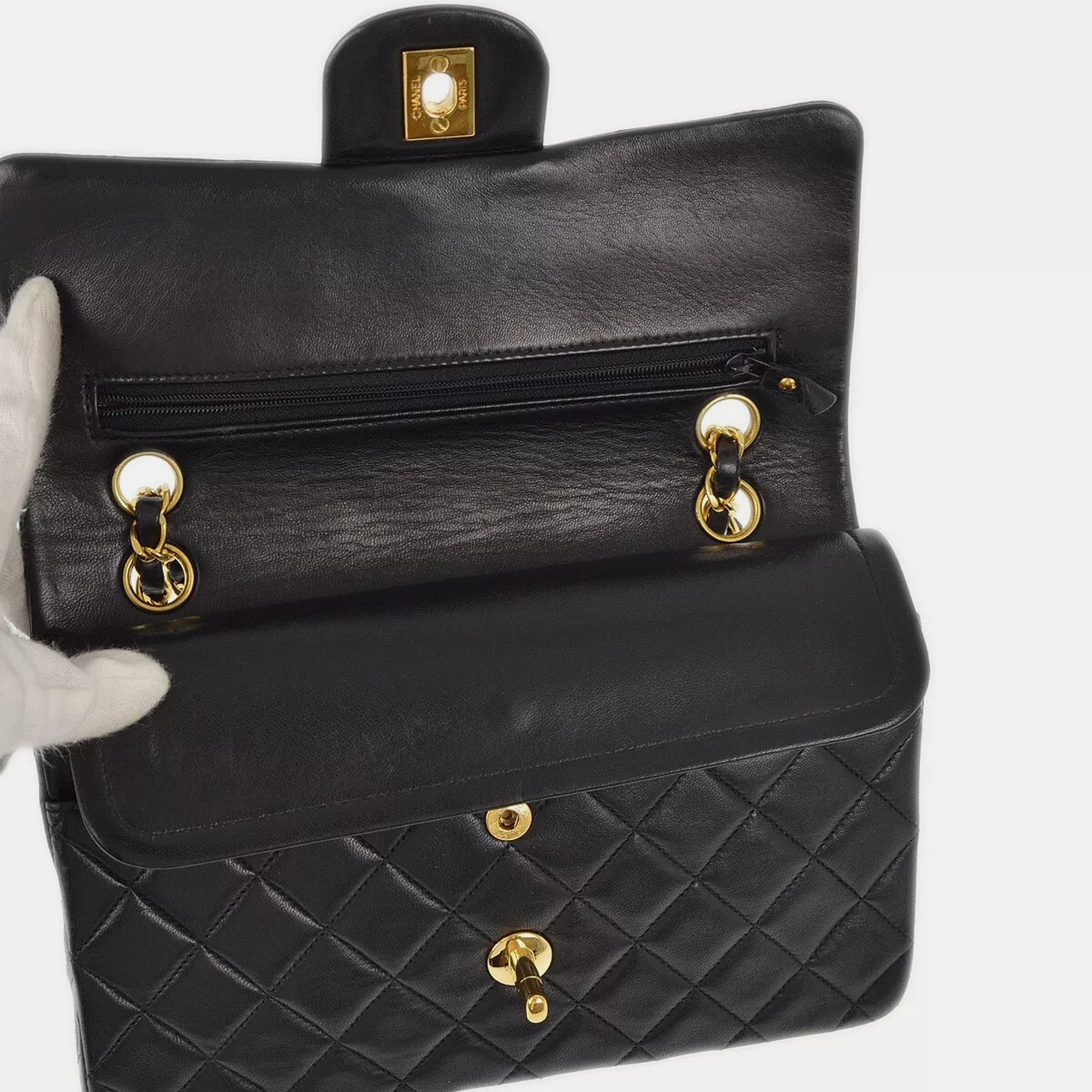 Chanel Black Lambskin Leather Small Classic Double Flap Shoulder Bag 