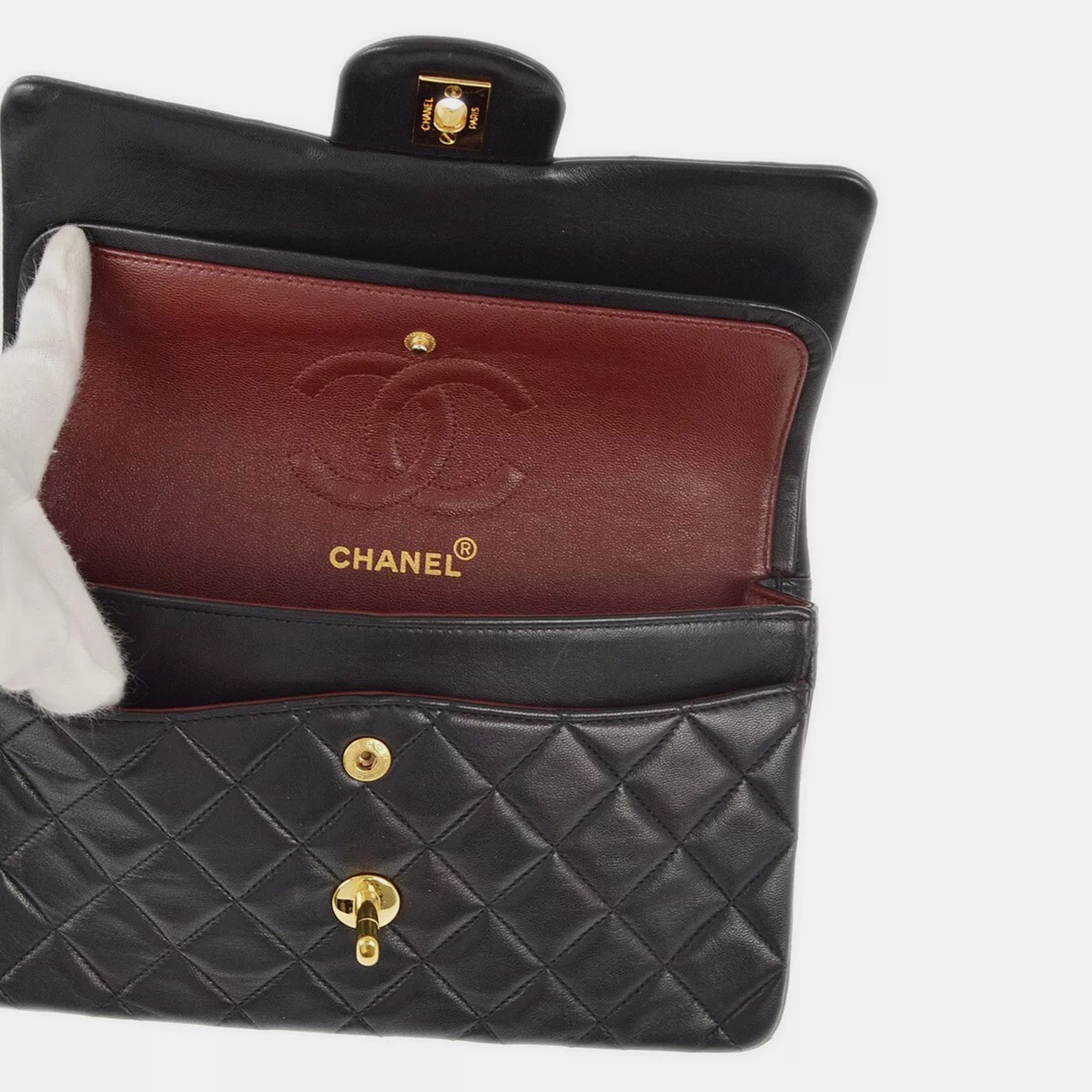 Chanel Black Lambskin Leather Small Classic Double Flap Shoulder Bag 