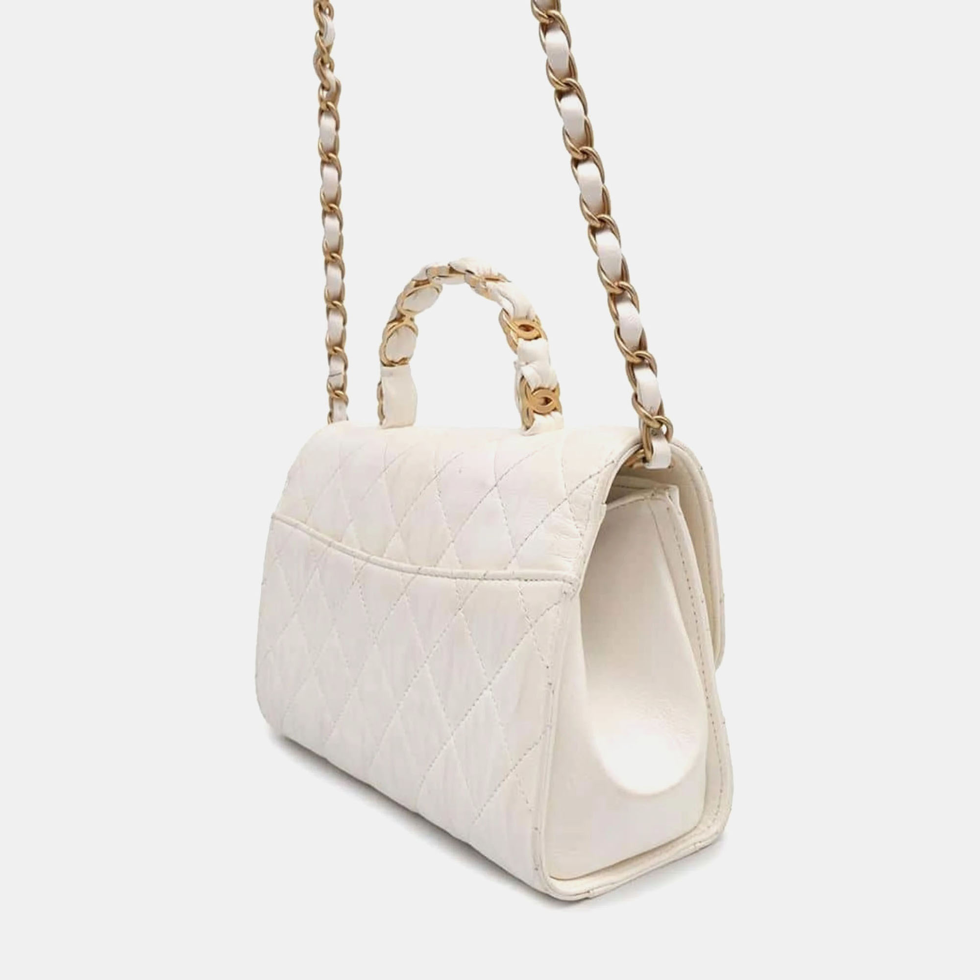 Chanel White Leather Crumple Chain Shoulder Bag 