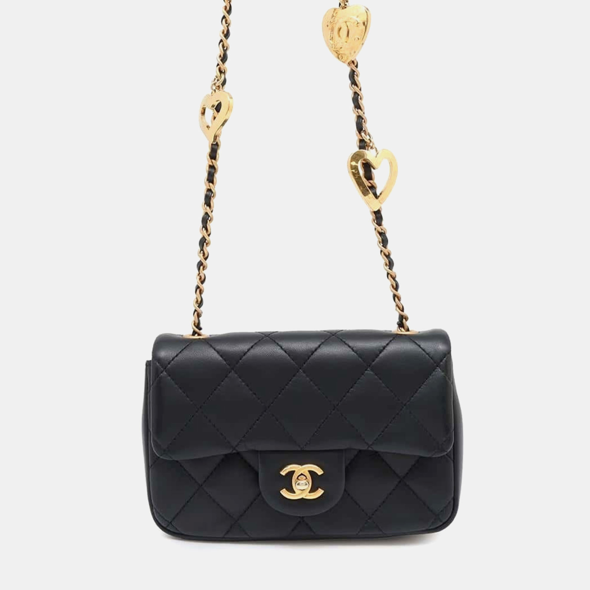 

Chanel Black Lambskin Leather Heart Chain Shoulder Bag