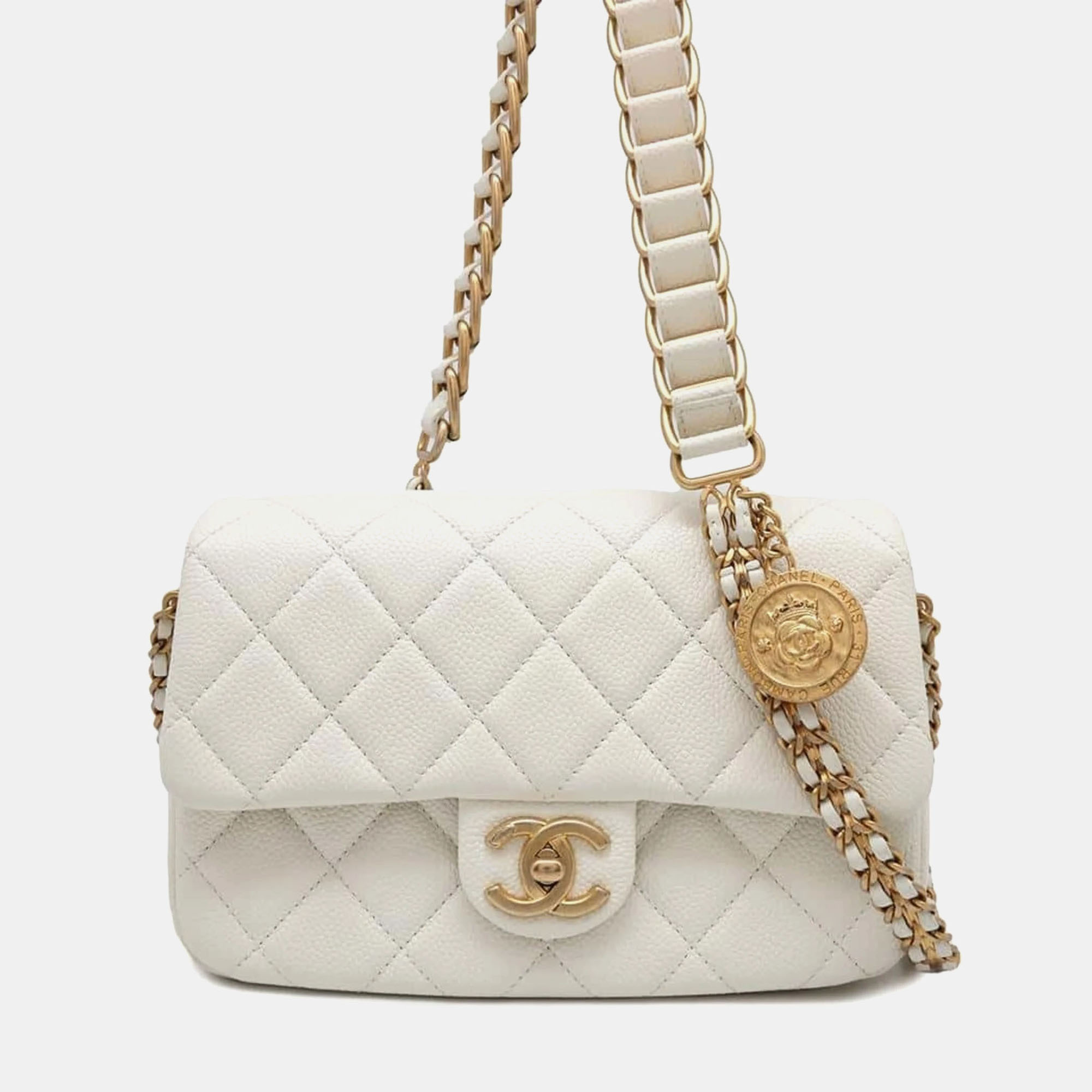 

Chanel White Caviar Leather Coin Motif Chain Shoulder Bag