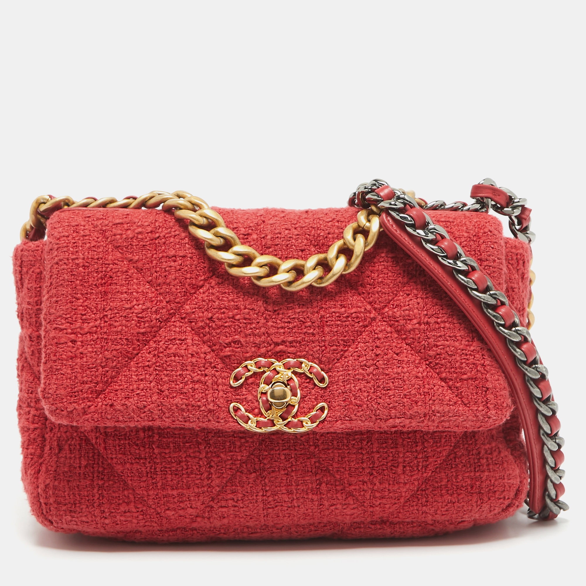 

Chanel Red Quilted Tweed Medium 19 Flap Bag