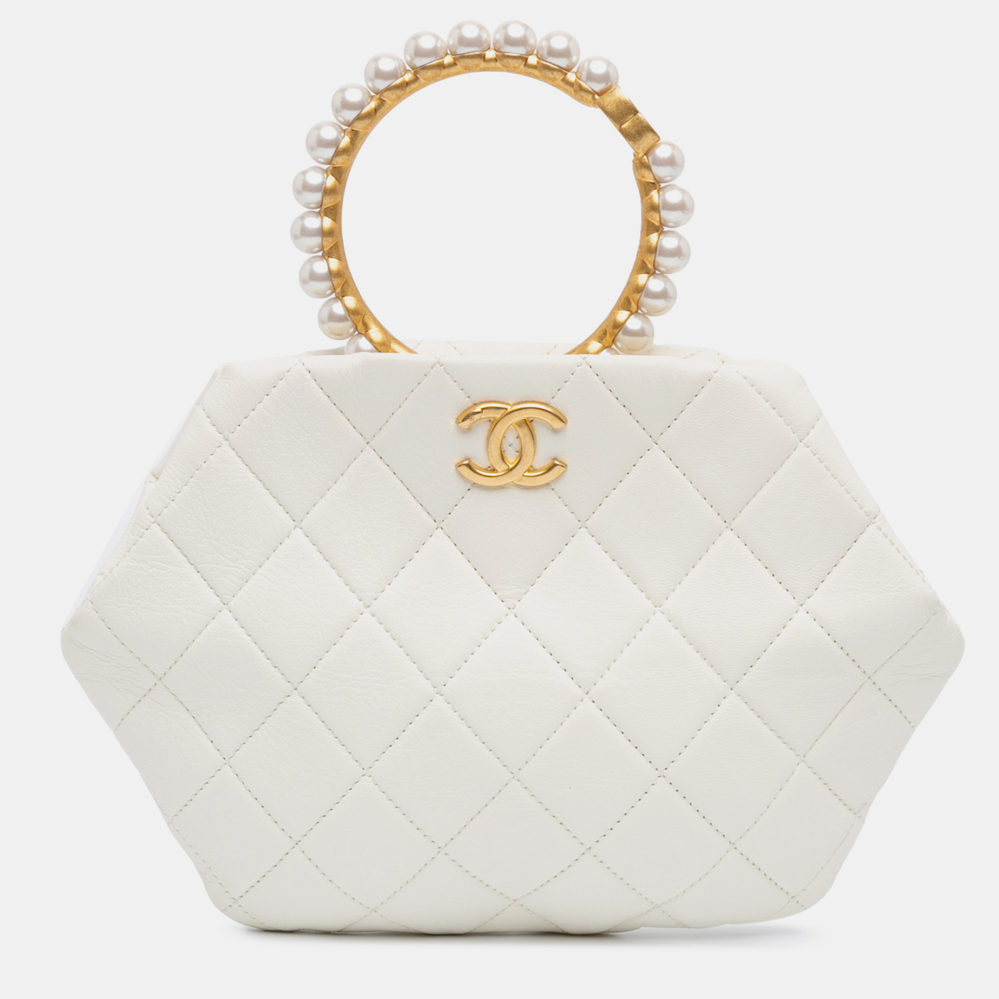 

Chanel White Quilted Lambskin Pearl Crown Handle Clutch Bag