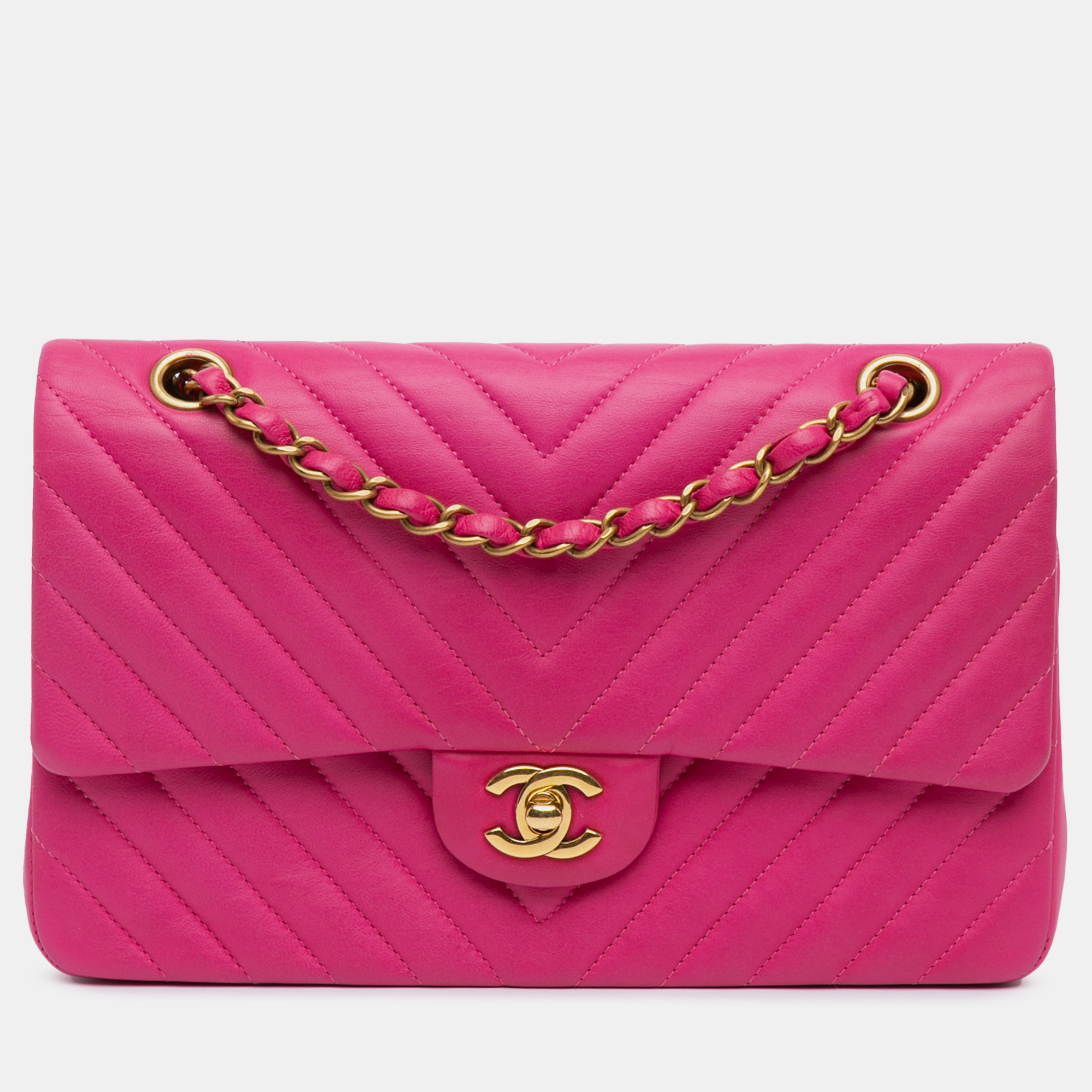 

Chanel Pink Medium Classic Chevron Lambskin Double Flap