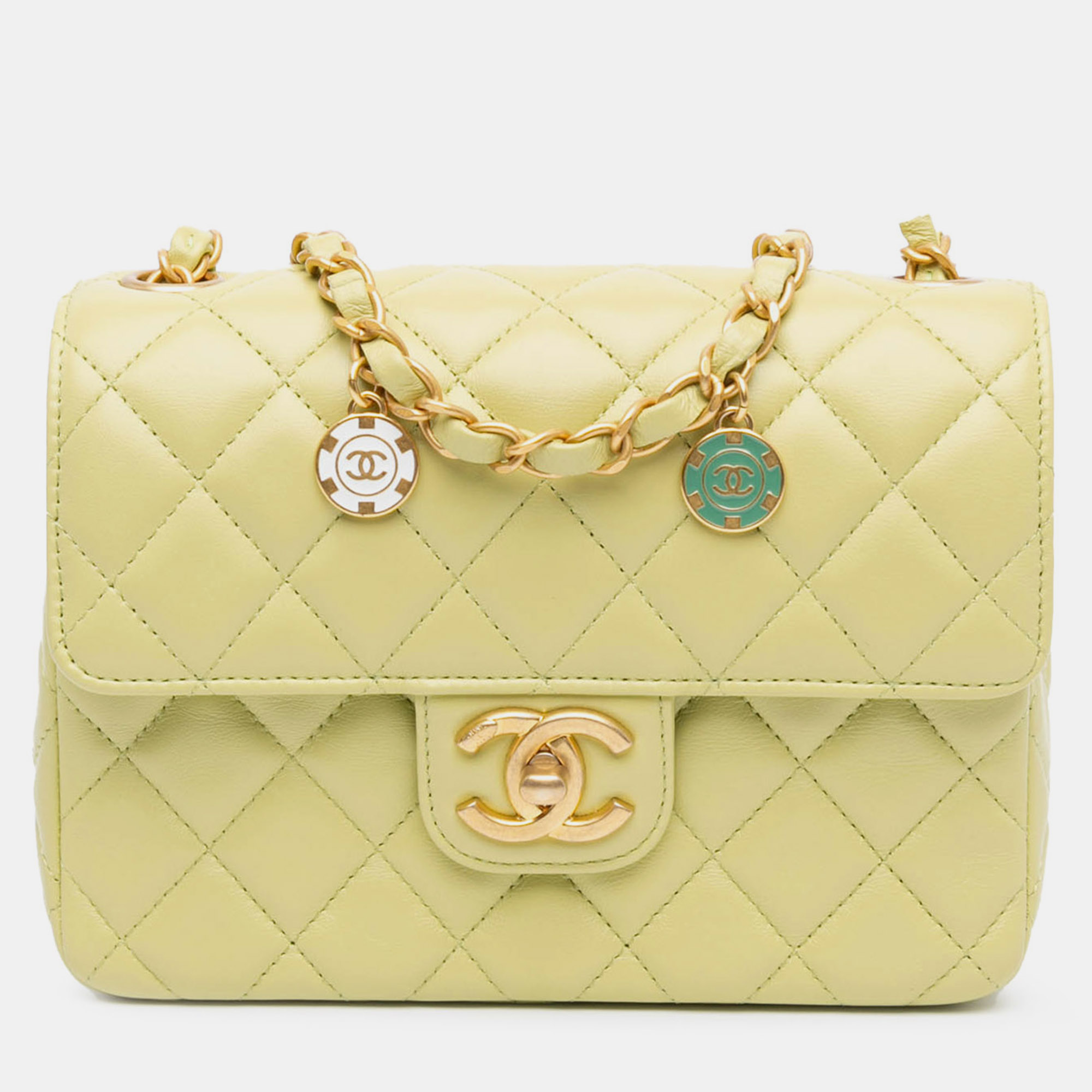 

Chanel Green Mini Rectagular Classic Lambskin Casino Royale Charms Single Flap