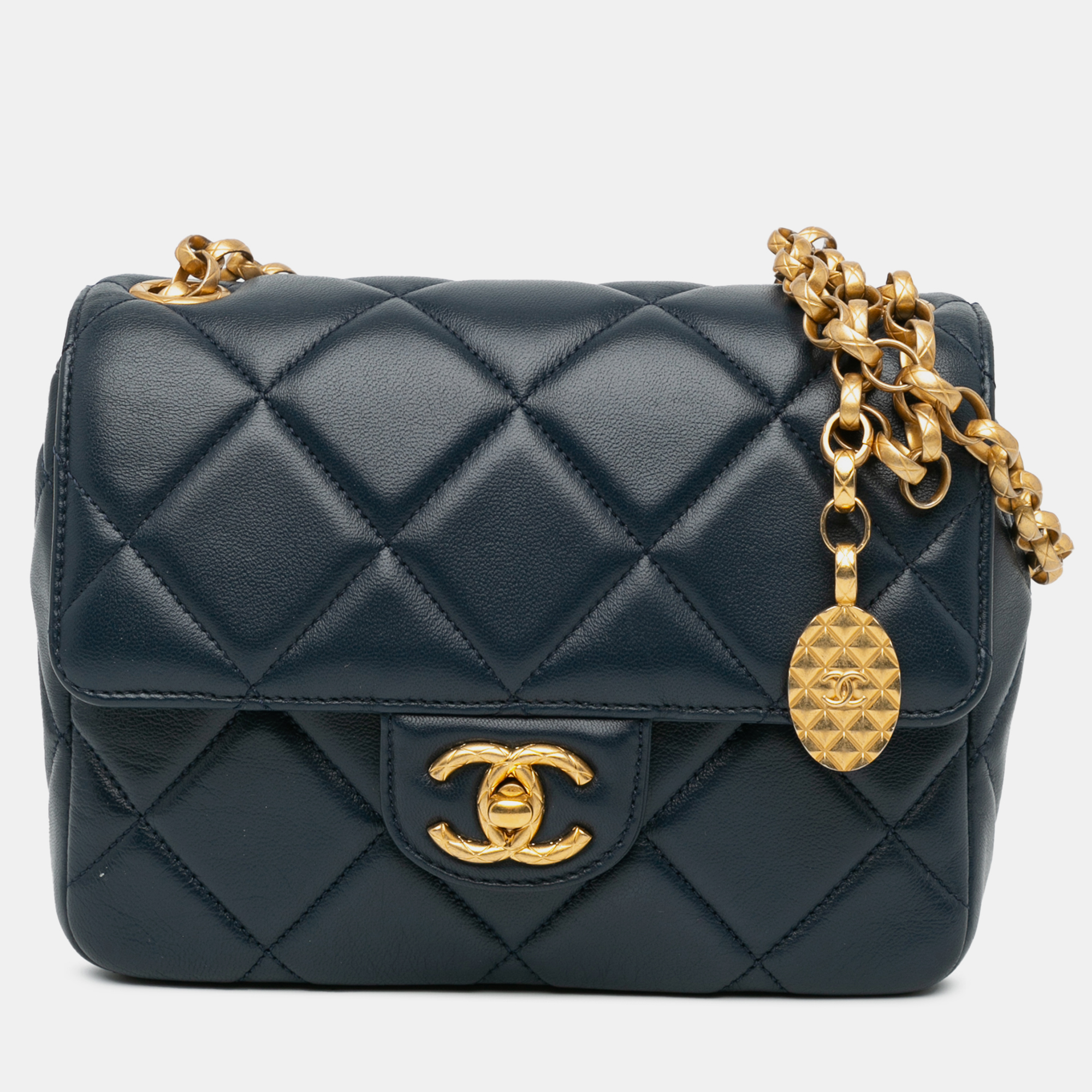 

Chanel Navy Blue Mini Square CC Quilted Lambskin Flap