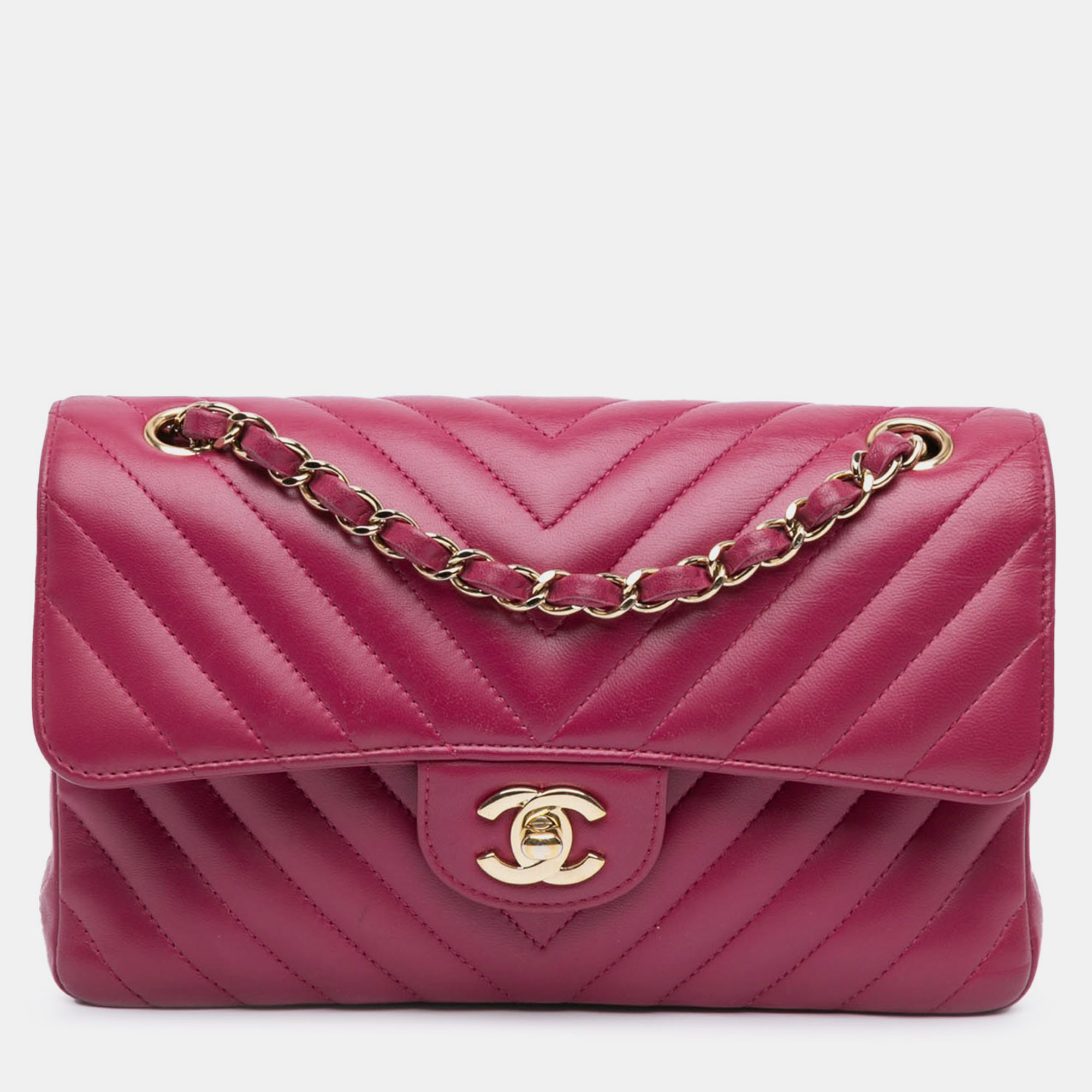 

Chanel Pink Small Classic Chevron Lambskin Double Flap