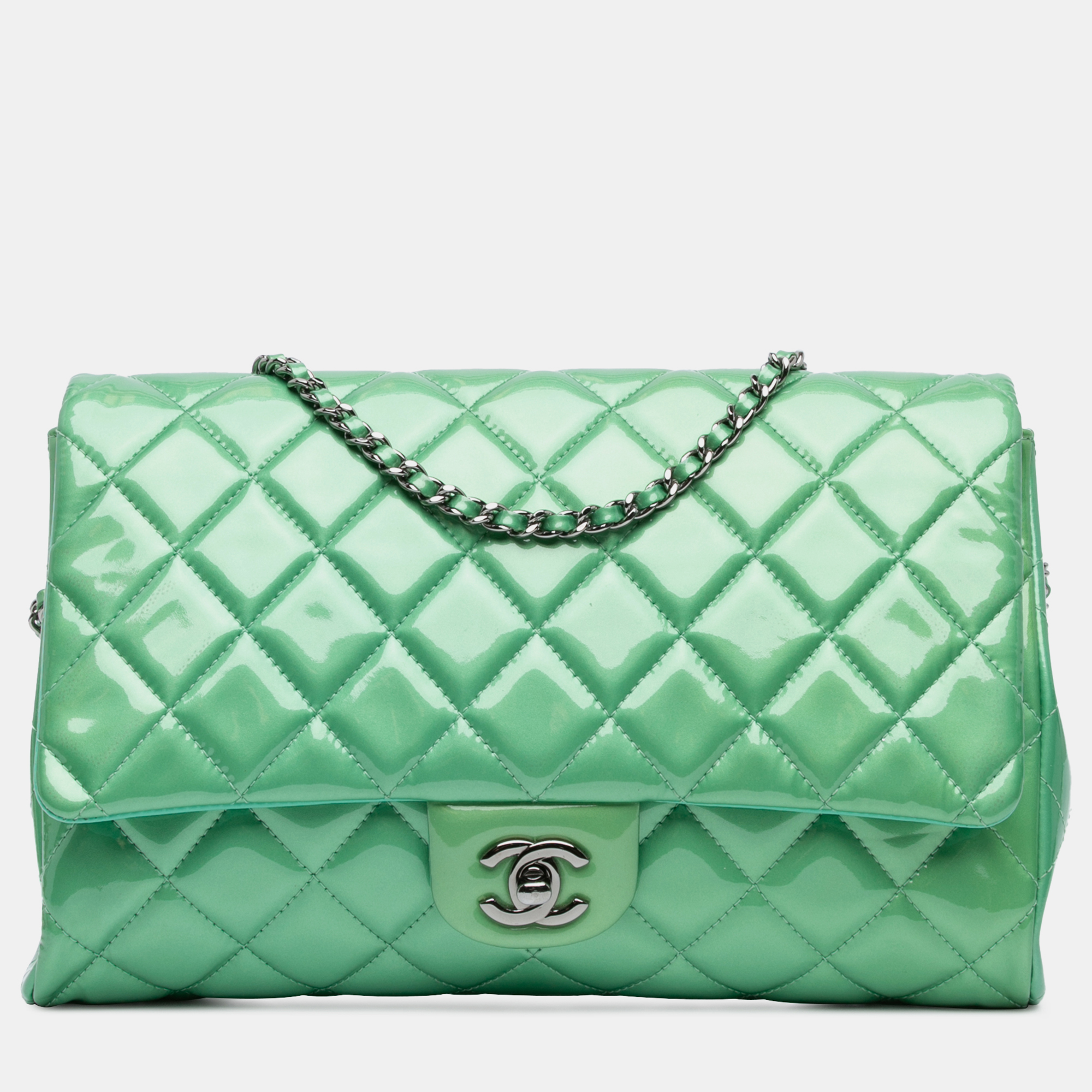 

Chanel Green CC Quilted Patent Clutch with Chain