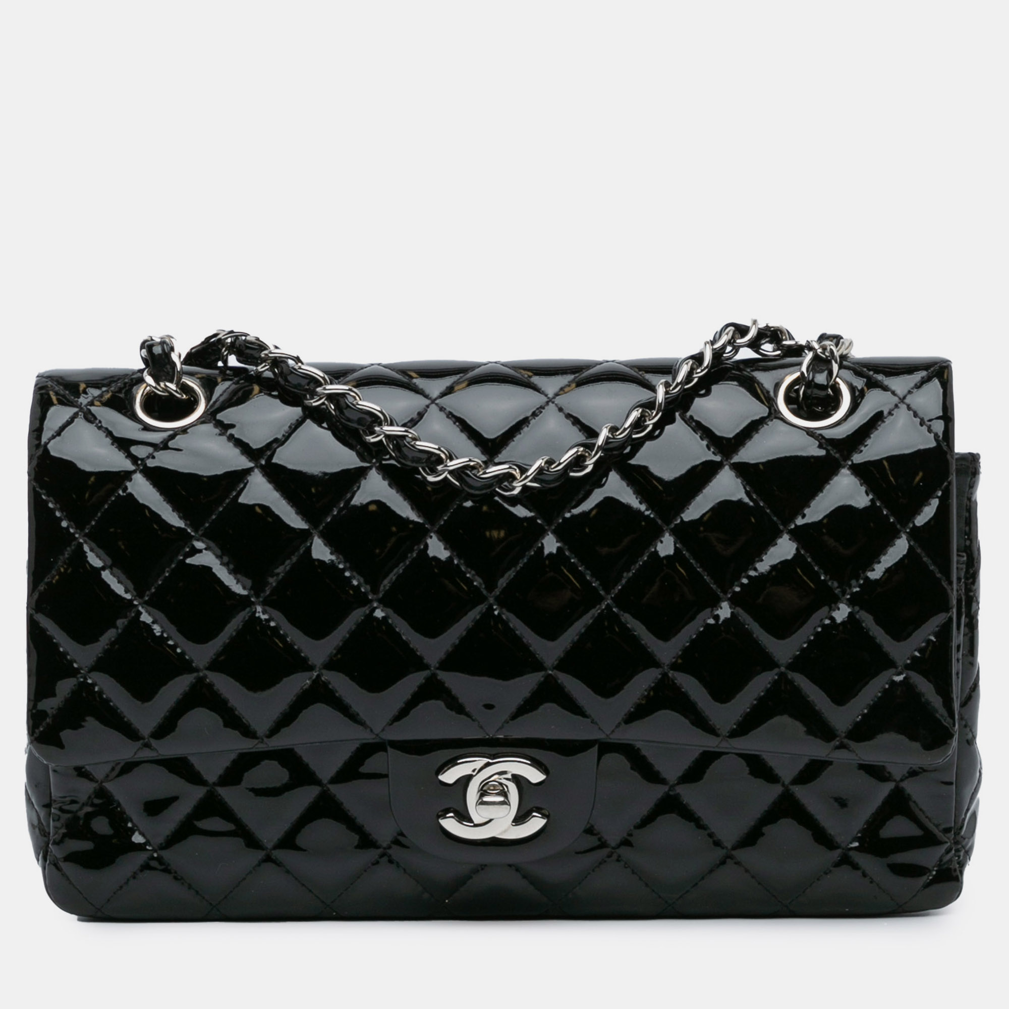 

Chanel Black Medium Classic Patent Double Flap Bag