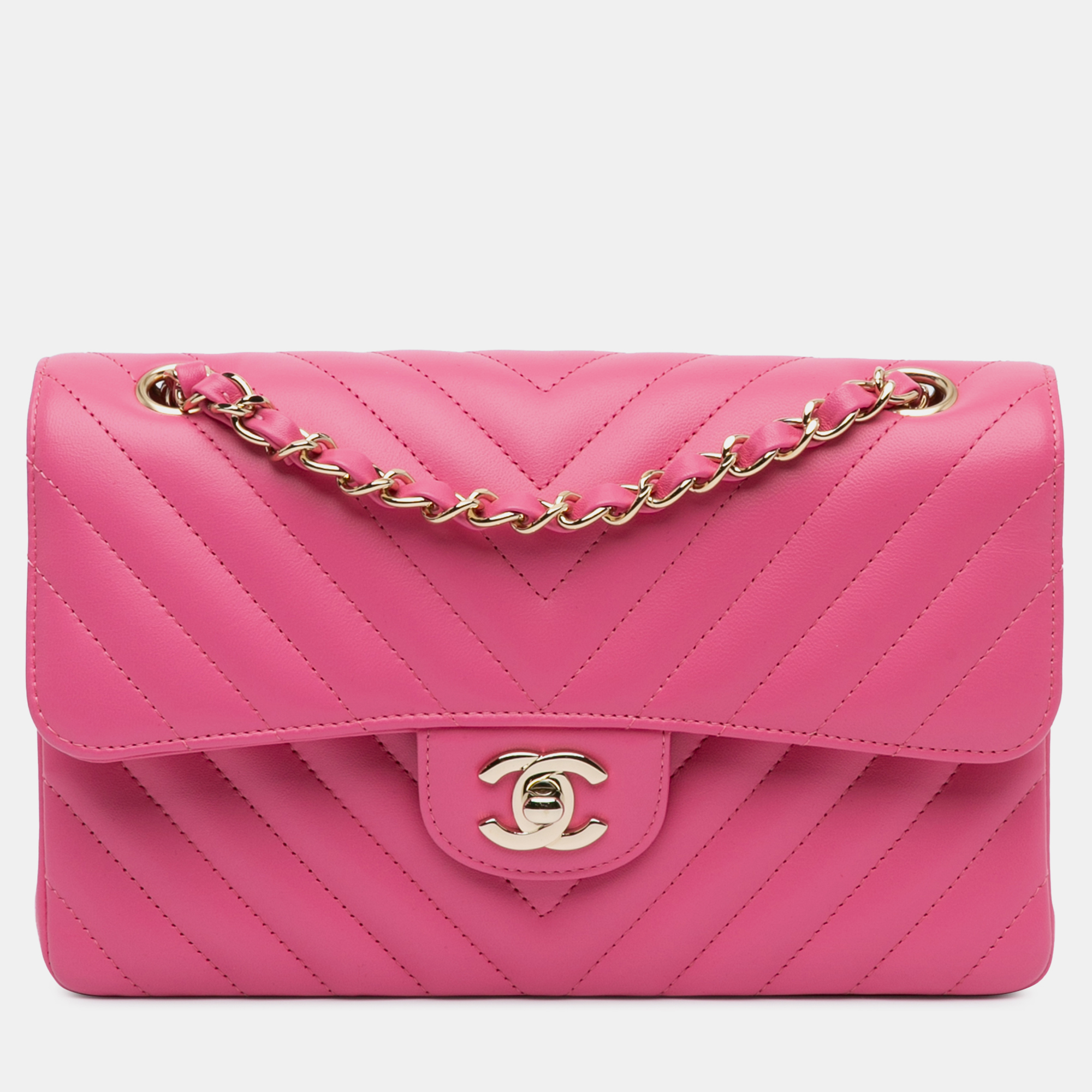 

Chanel Pink Small Classic Chevron Lambskin Double Flap Bag