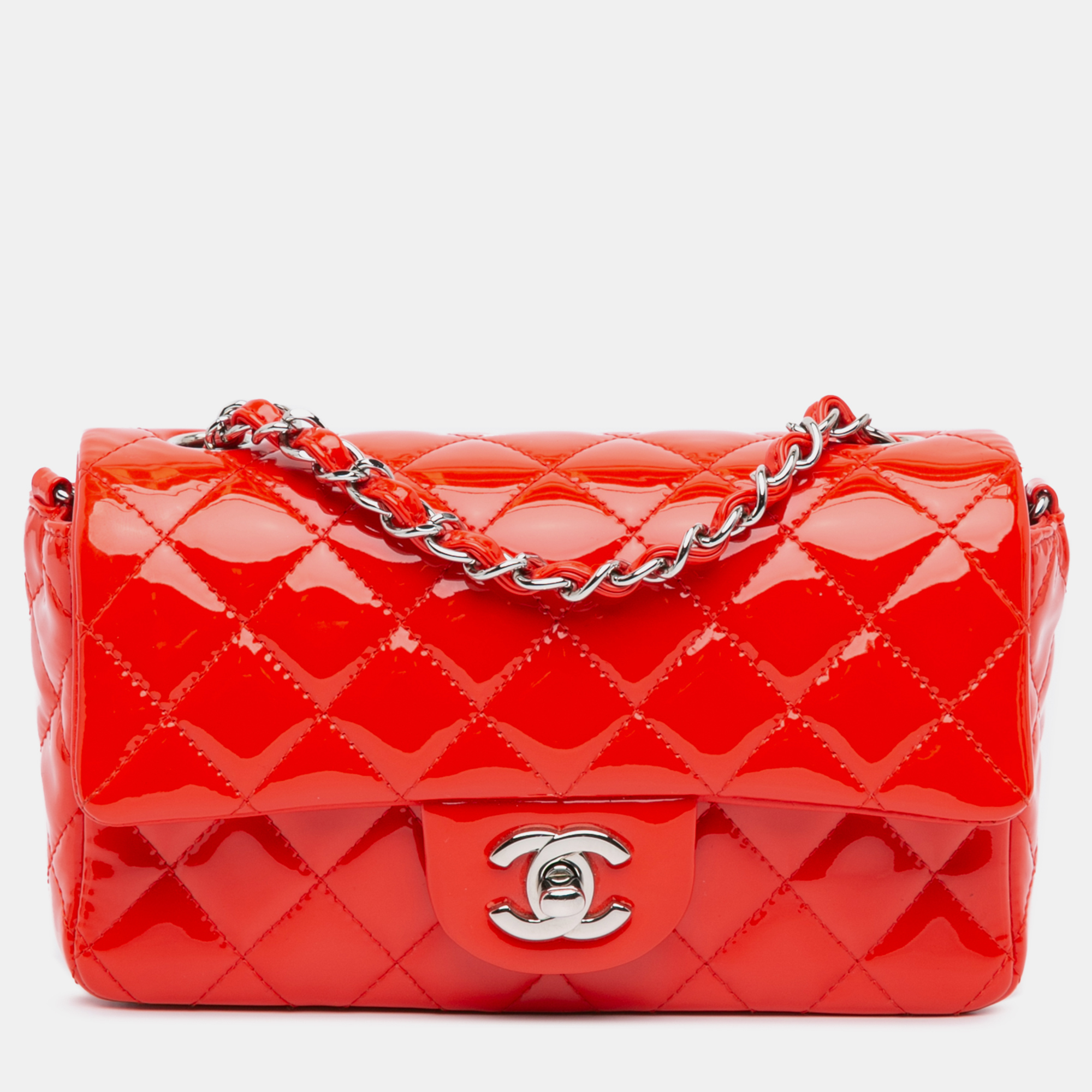 

Chanel Red Mini Rectangular Classic Patent Single Flap Bag