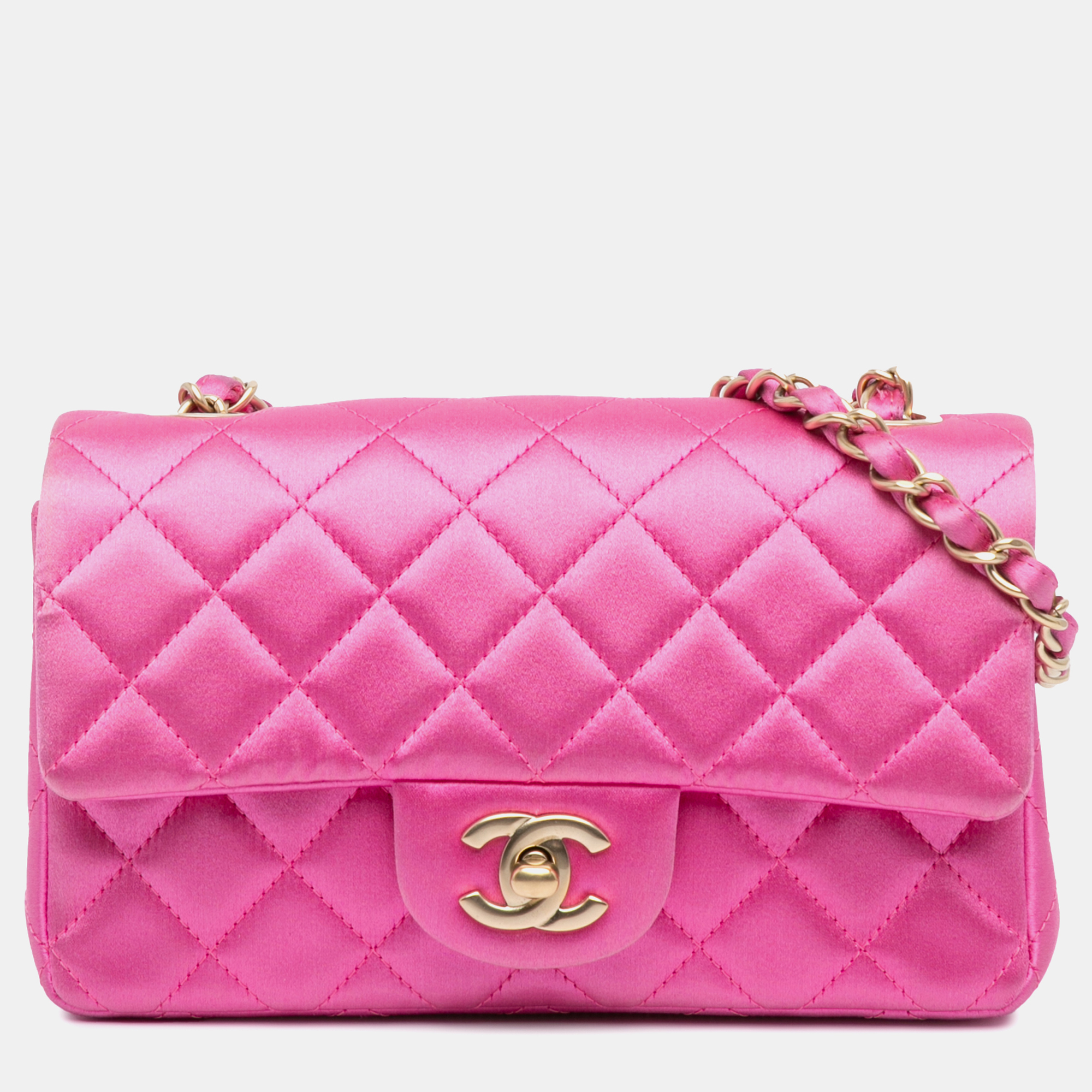 

Chanel Pink Mini Rectangular Classic Satin Single Flap Bag