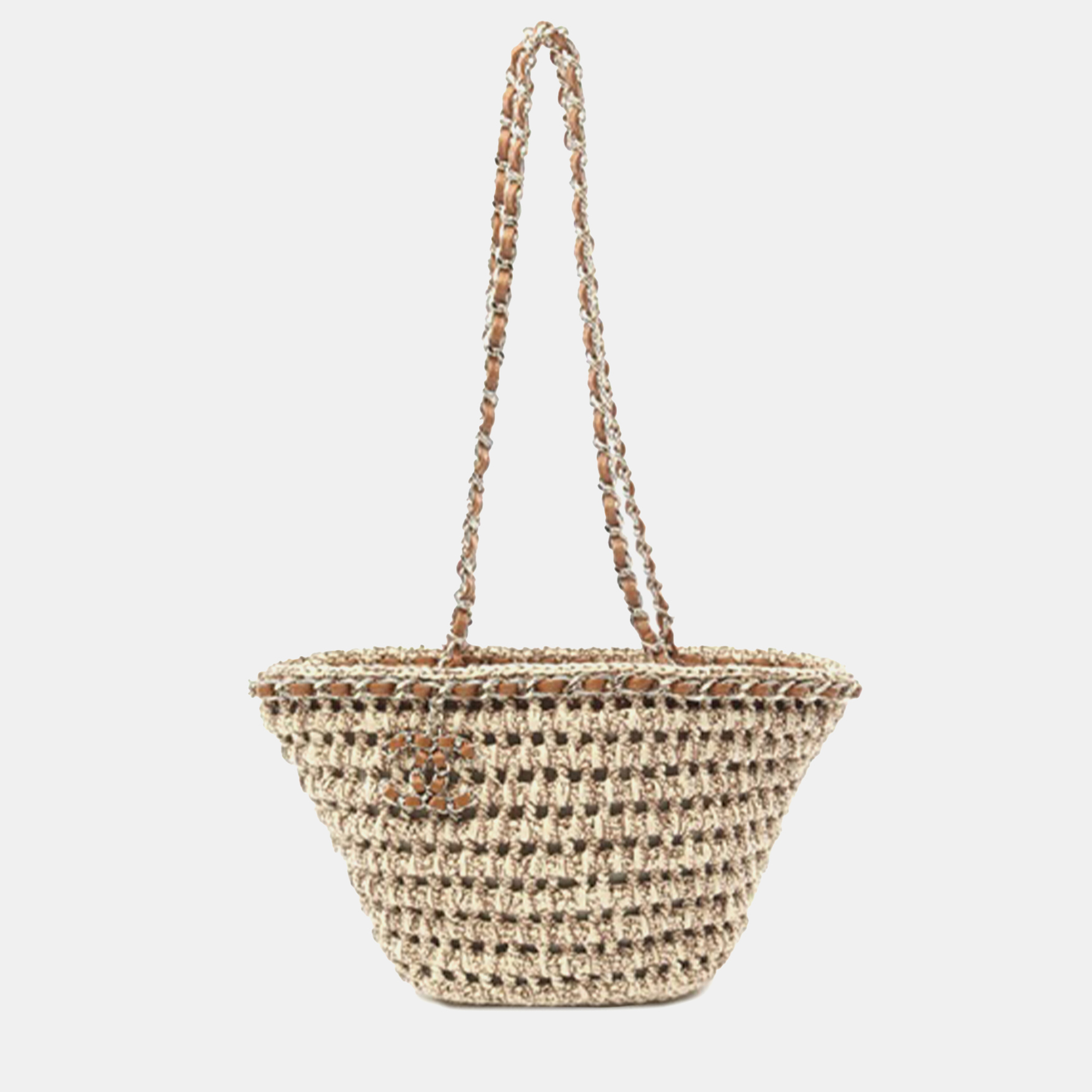 

Chanel Brown Small Mixed Fibers and Calfskin Crochet Shopping Tote