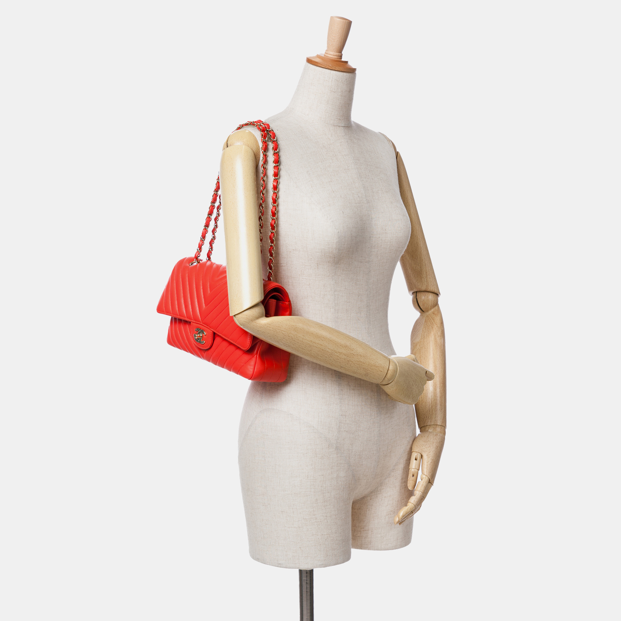 Chanel Red Medium Classic Chevron Lambskin Double Flap Bag 
