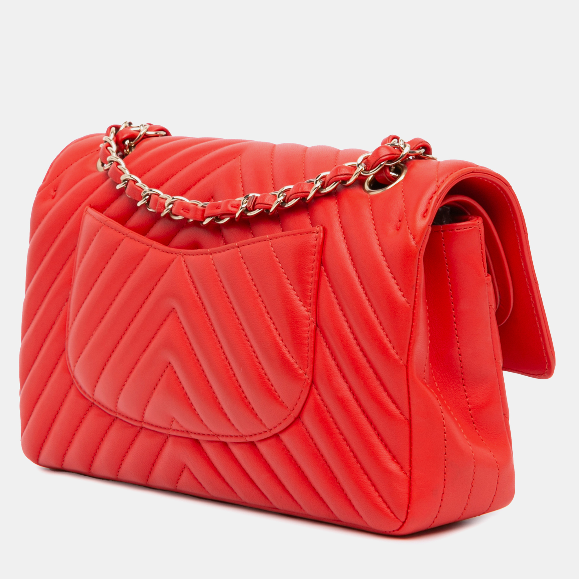 Chanel Red Medium Classic Chevron Lambskin Double Flap Bag 