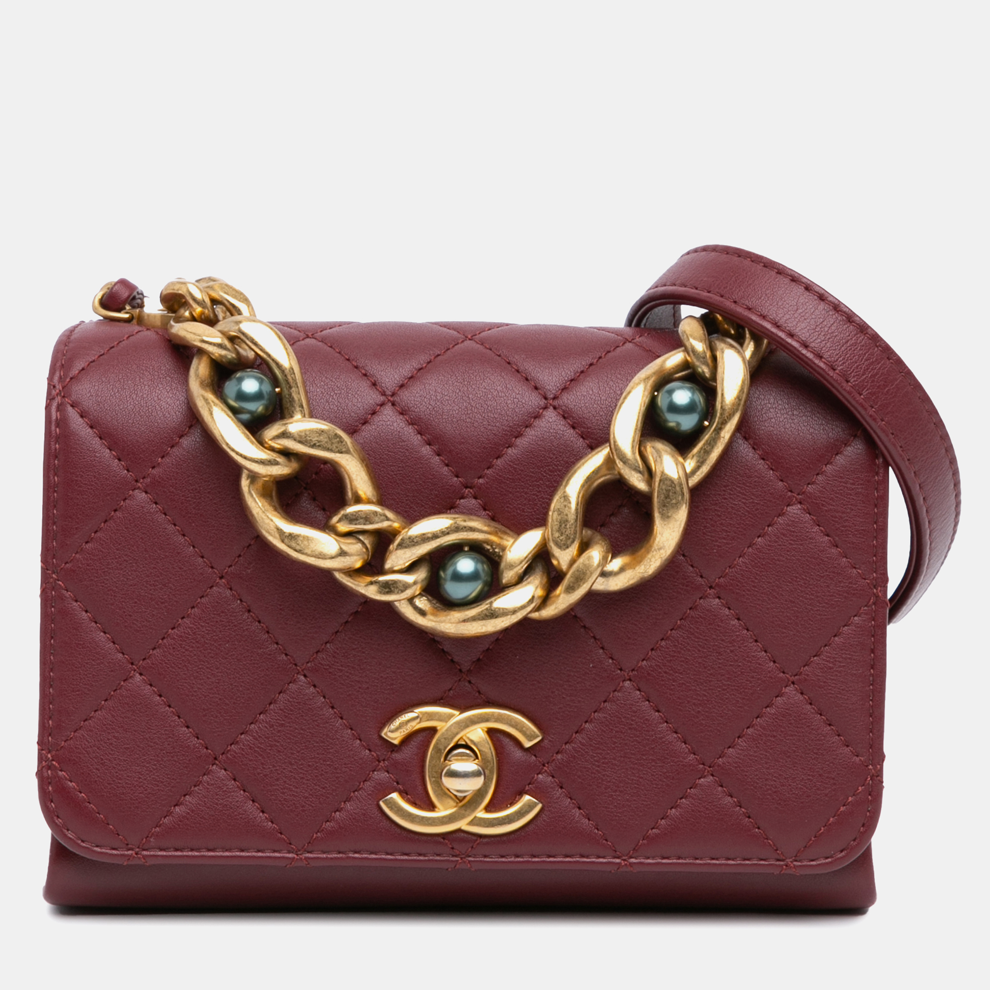 

Chanel Red Mini Quilted Lambskin Pearl Chain Flap Bag