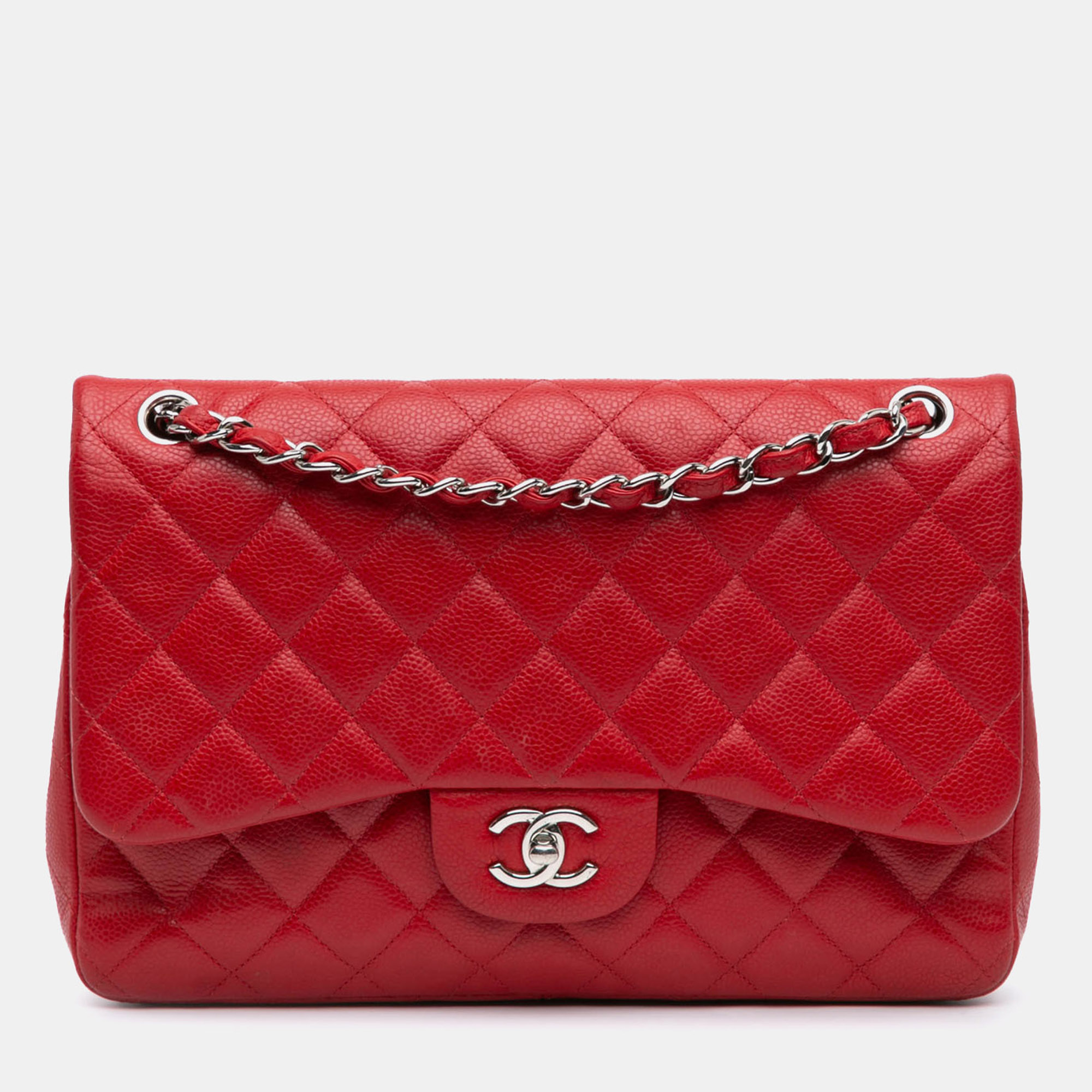 

Chanel Red Jumbo Classic Caviar Double Flap Bag