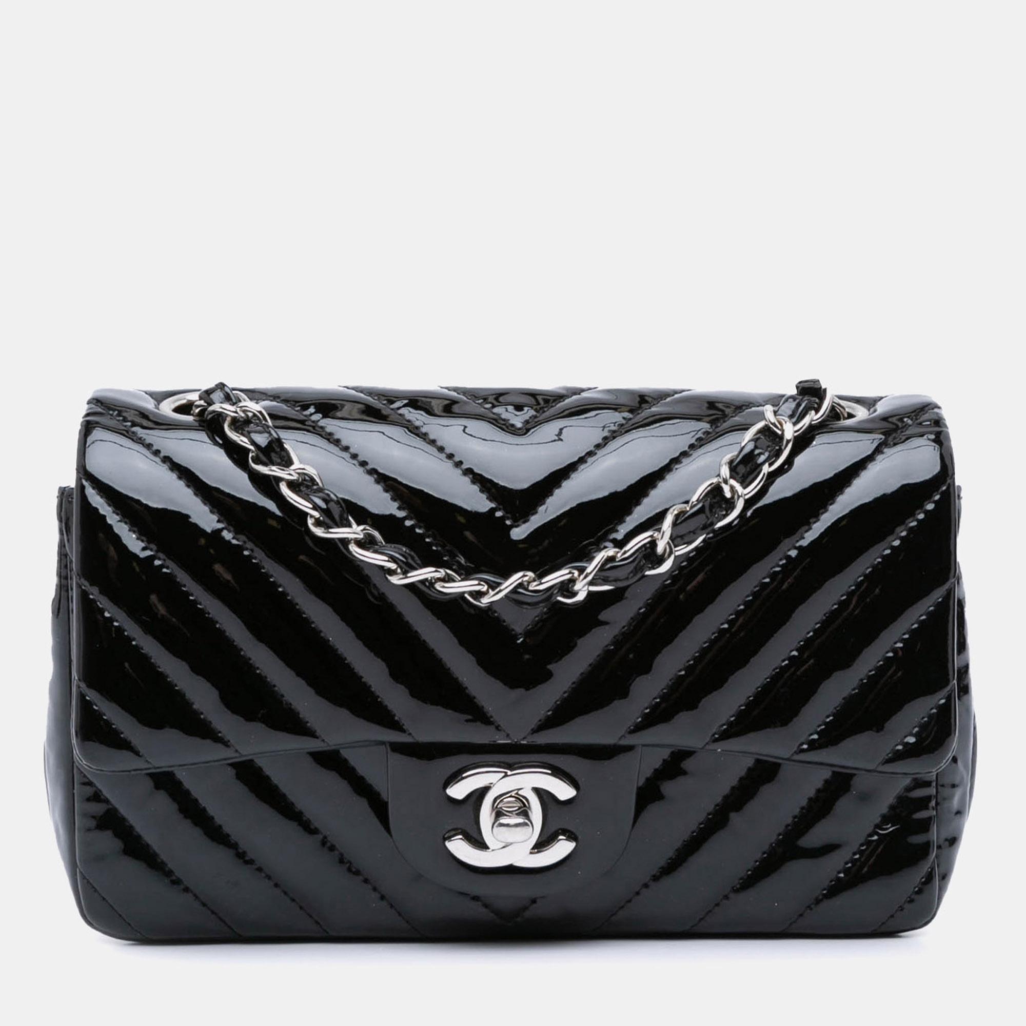 

Chanel Black Mini Rectangular Classic Chevron Patent Single Flap Bag