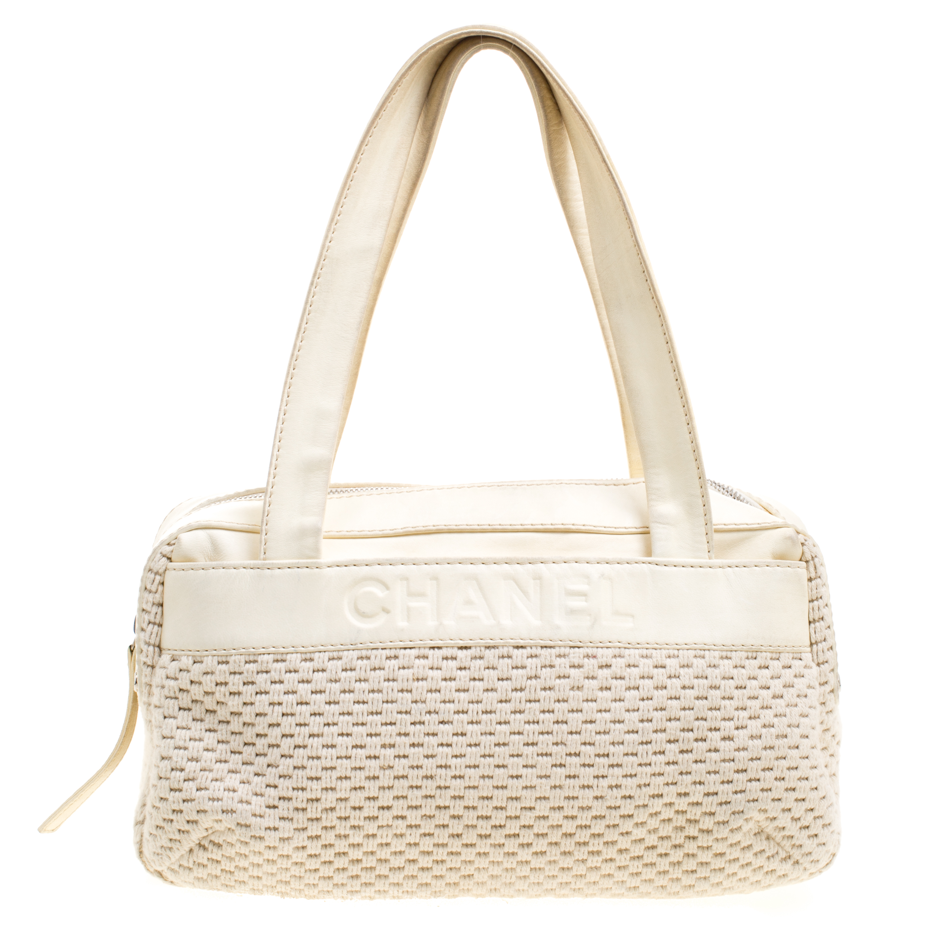 Pre Owned Chanel Cream Fabric and Leather Bowling Bag