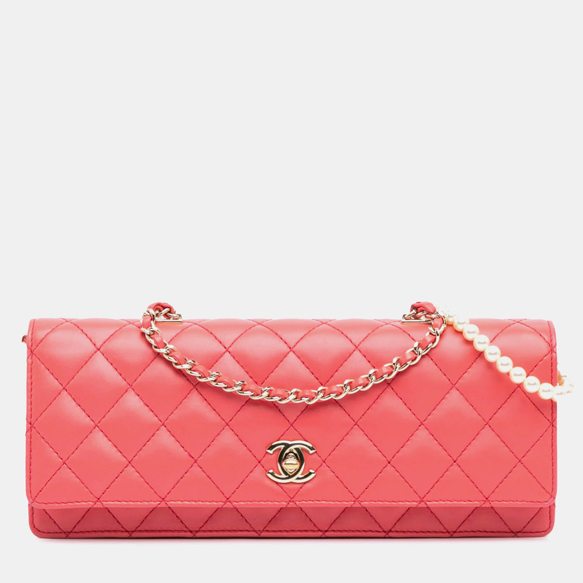 

Chanel Pink Quilted Lambskin Pearl Chain East West Single Flap Bag