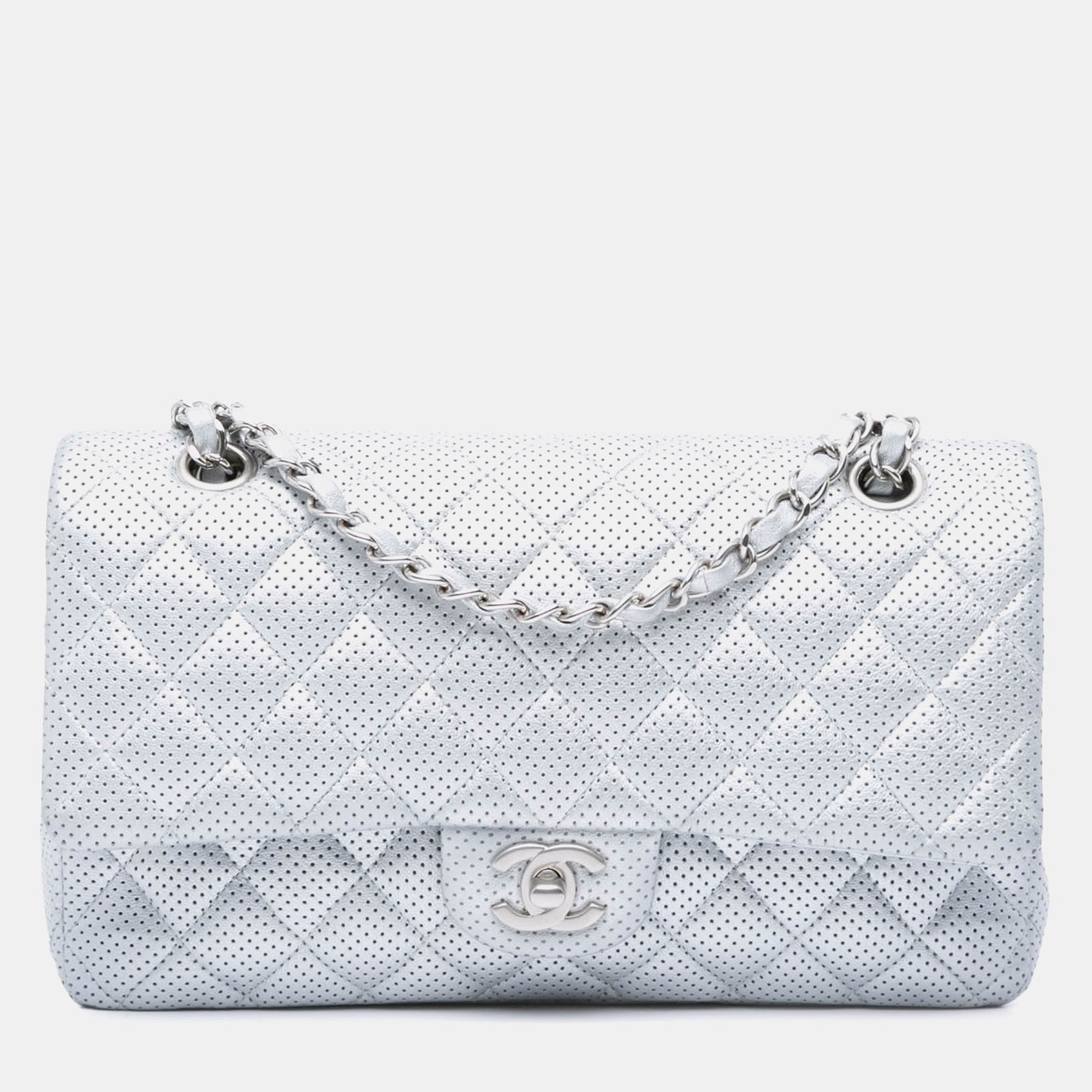 

Chanel Silver Medium Classic Perforated Lambskin Double Flap Shoulder Bag