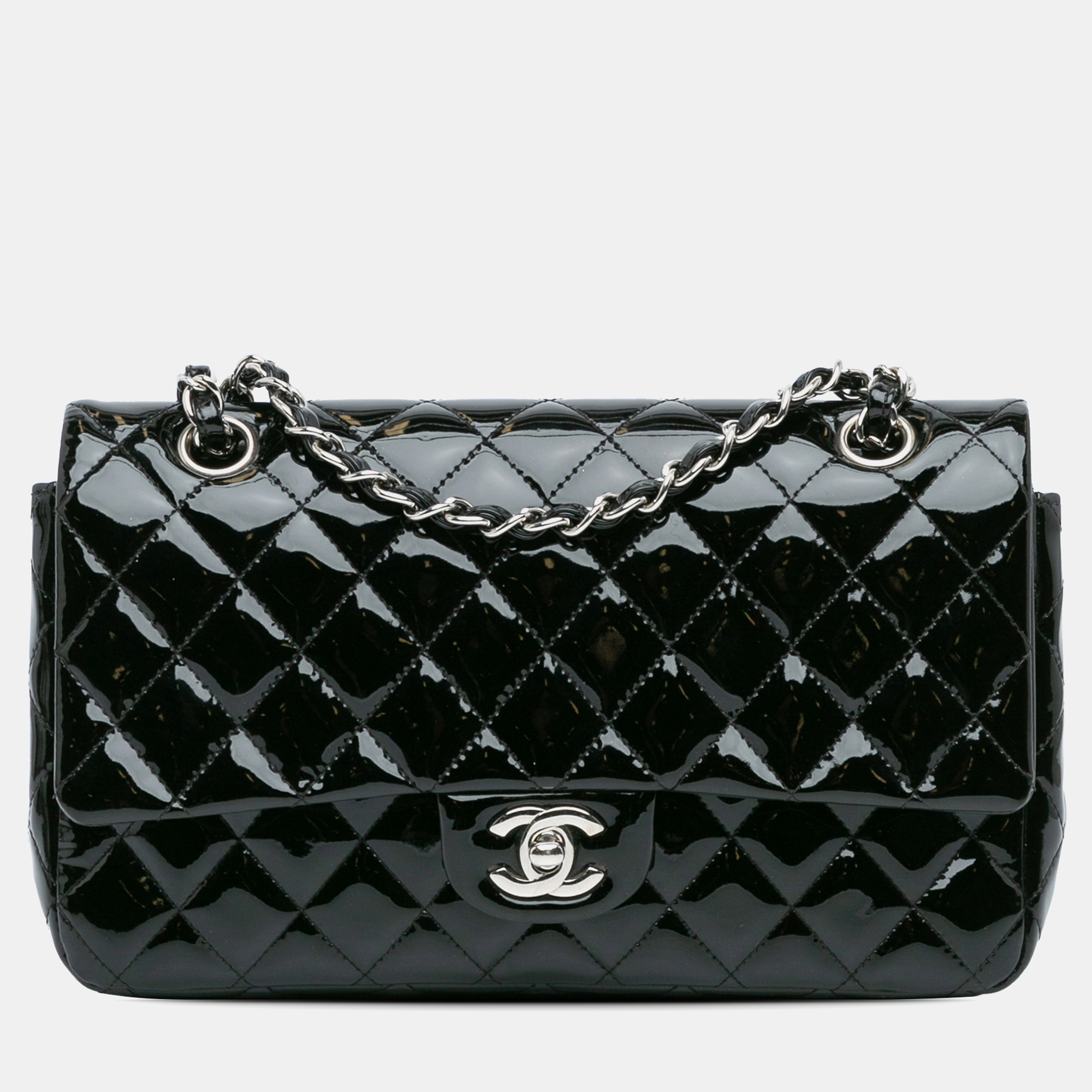 

Chanel Black Medium Classic Patent Double Flap Bag