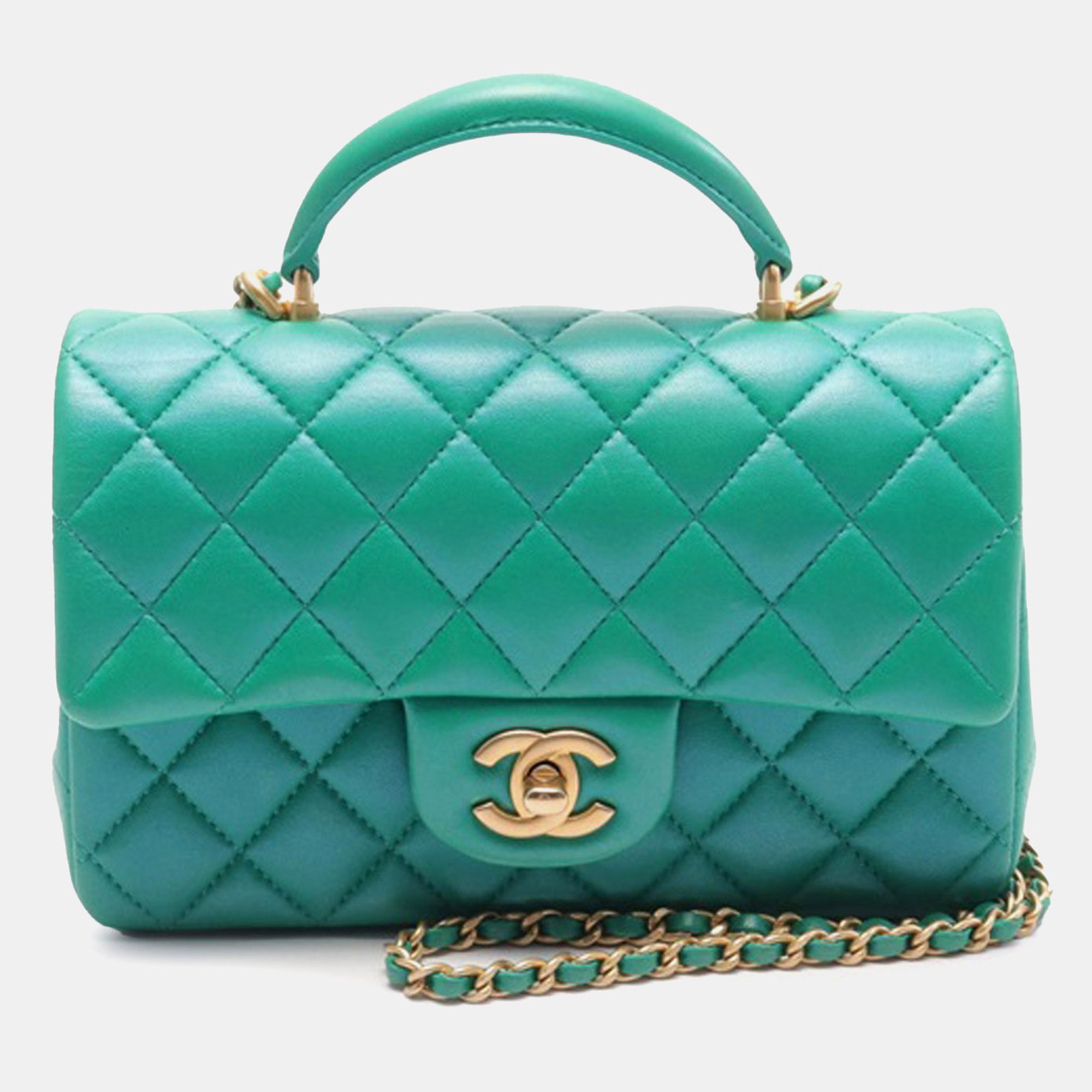 

Chanel Green Mini Rectangular Iridescent Lambskin Top Handle Flap