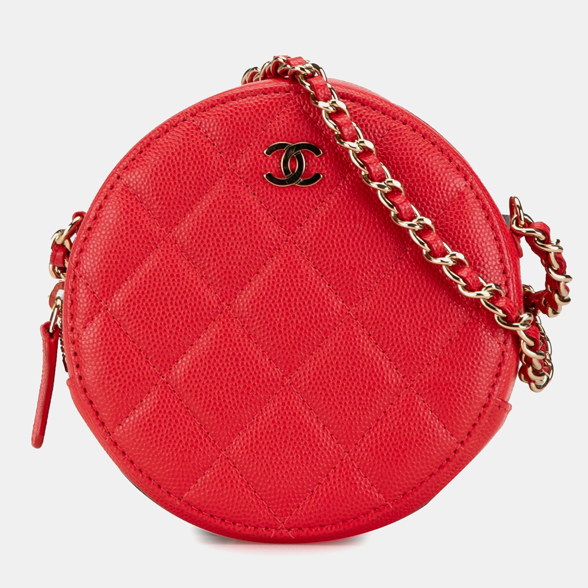 

Chanel Red Quilted Caviar Round Clutch With Chain