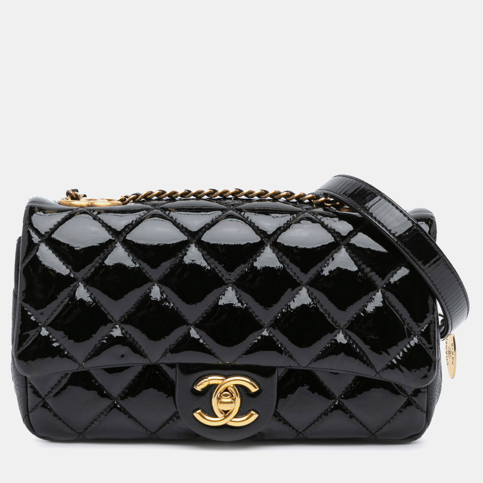 

Chanel Black Small Patent Goatskin CC Eyelet Flap