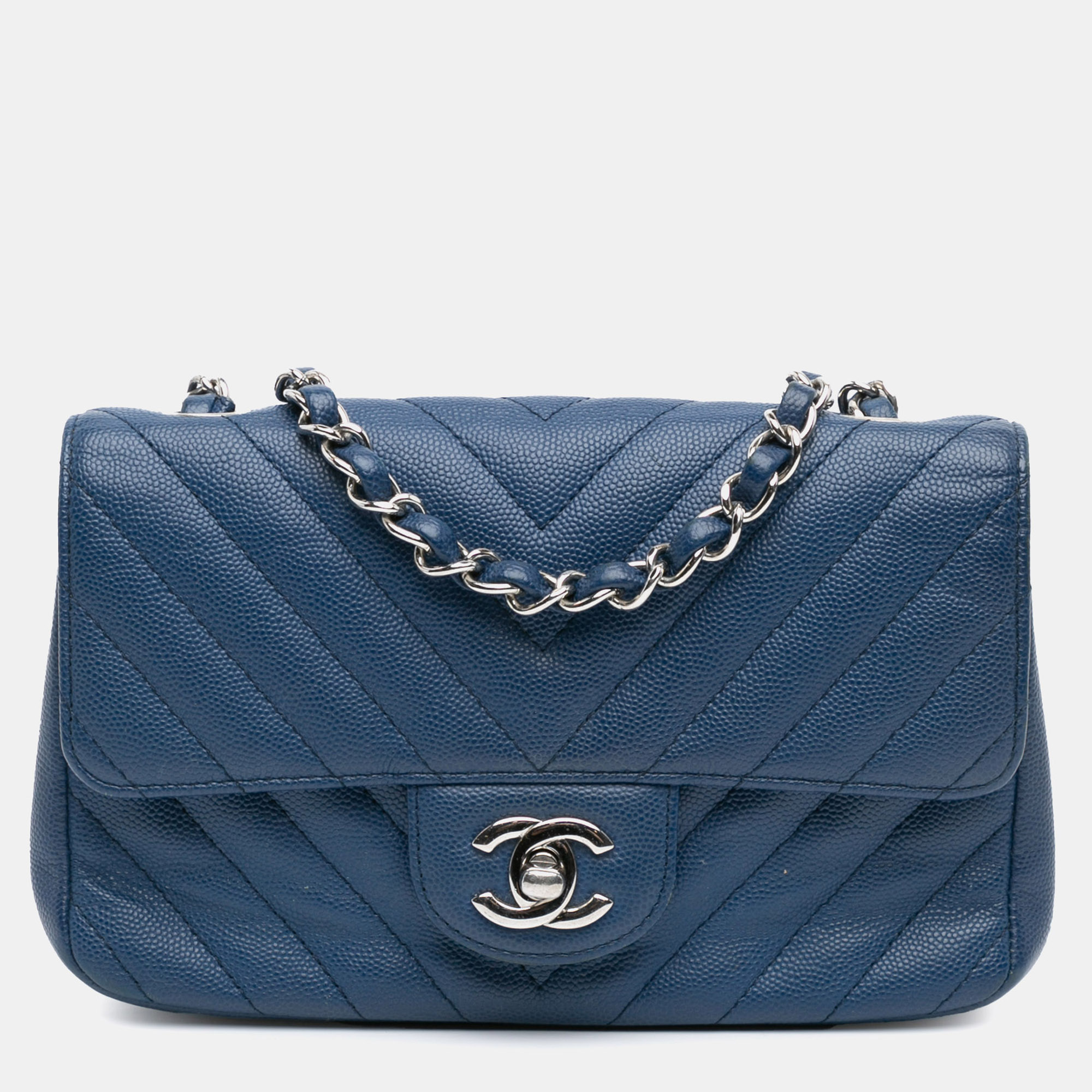 

Chanel Blue Mini Rectangular Classic Chevron Caviar Single Flap