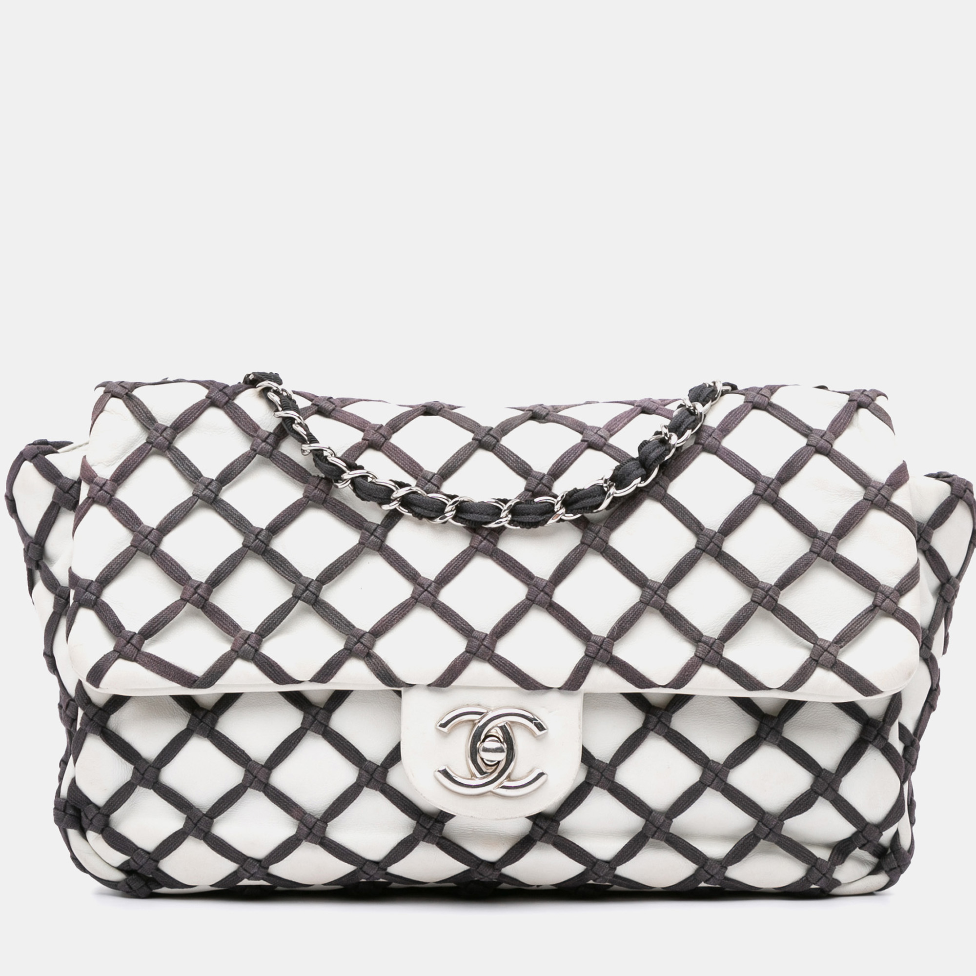 

Chanel Black White Jumbo Calfskin Canebiers Net Flap