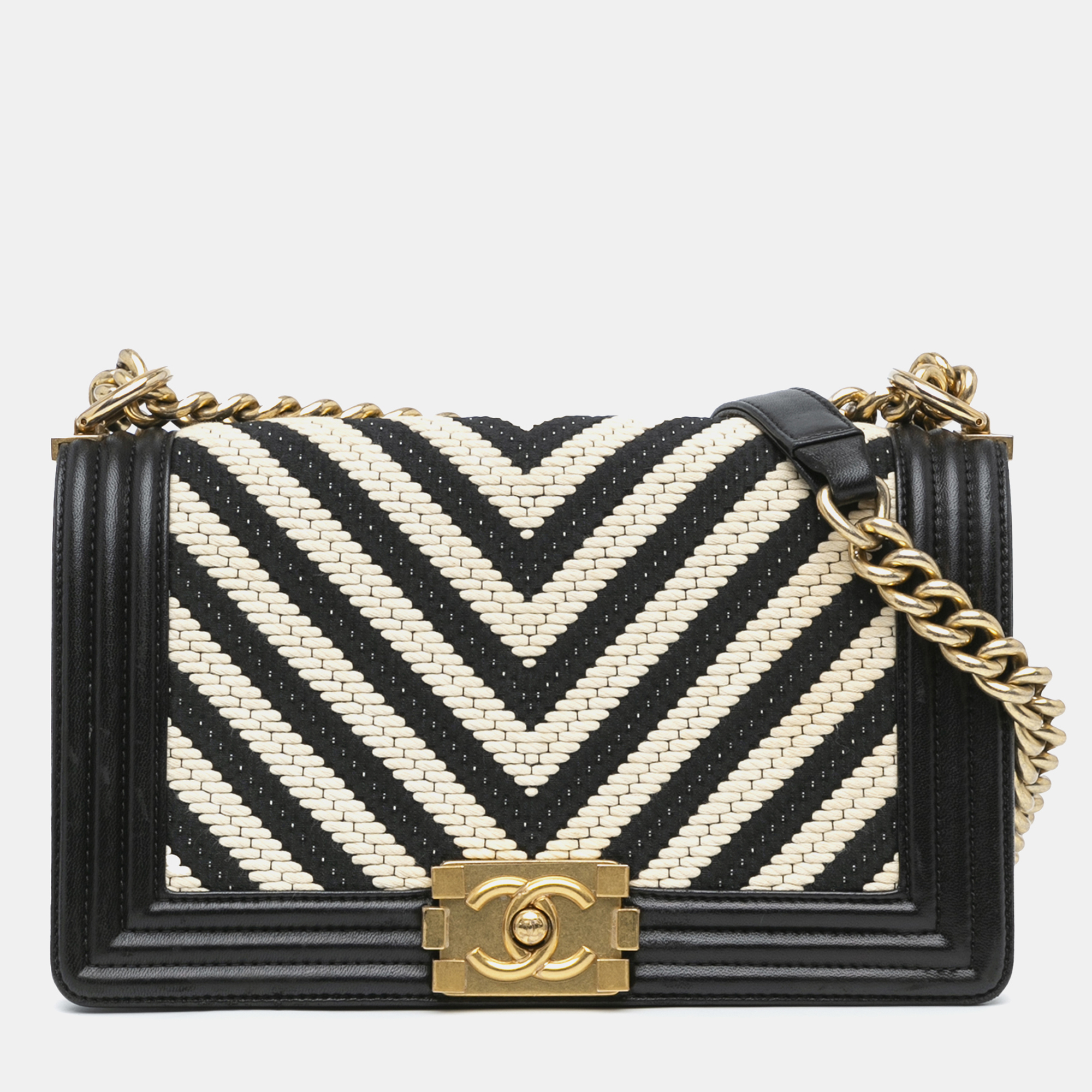 

Chanel Black White Medium Braided Chevron Cotton and Lambskin Boy Flap